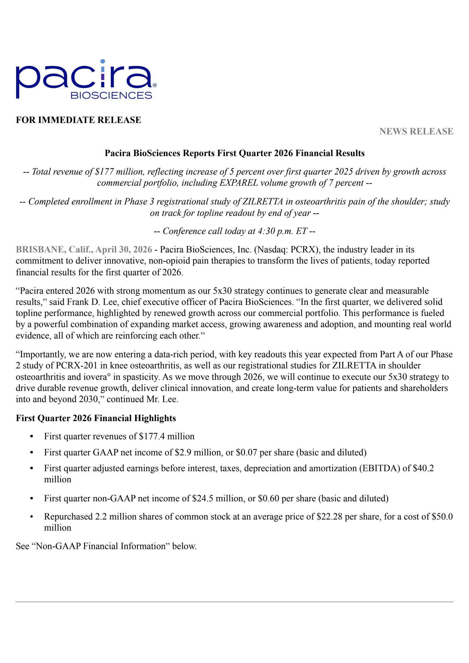 Pacira BioSciences' Q1 2026 Press Release
