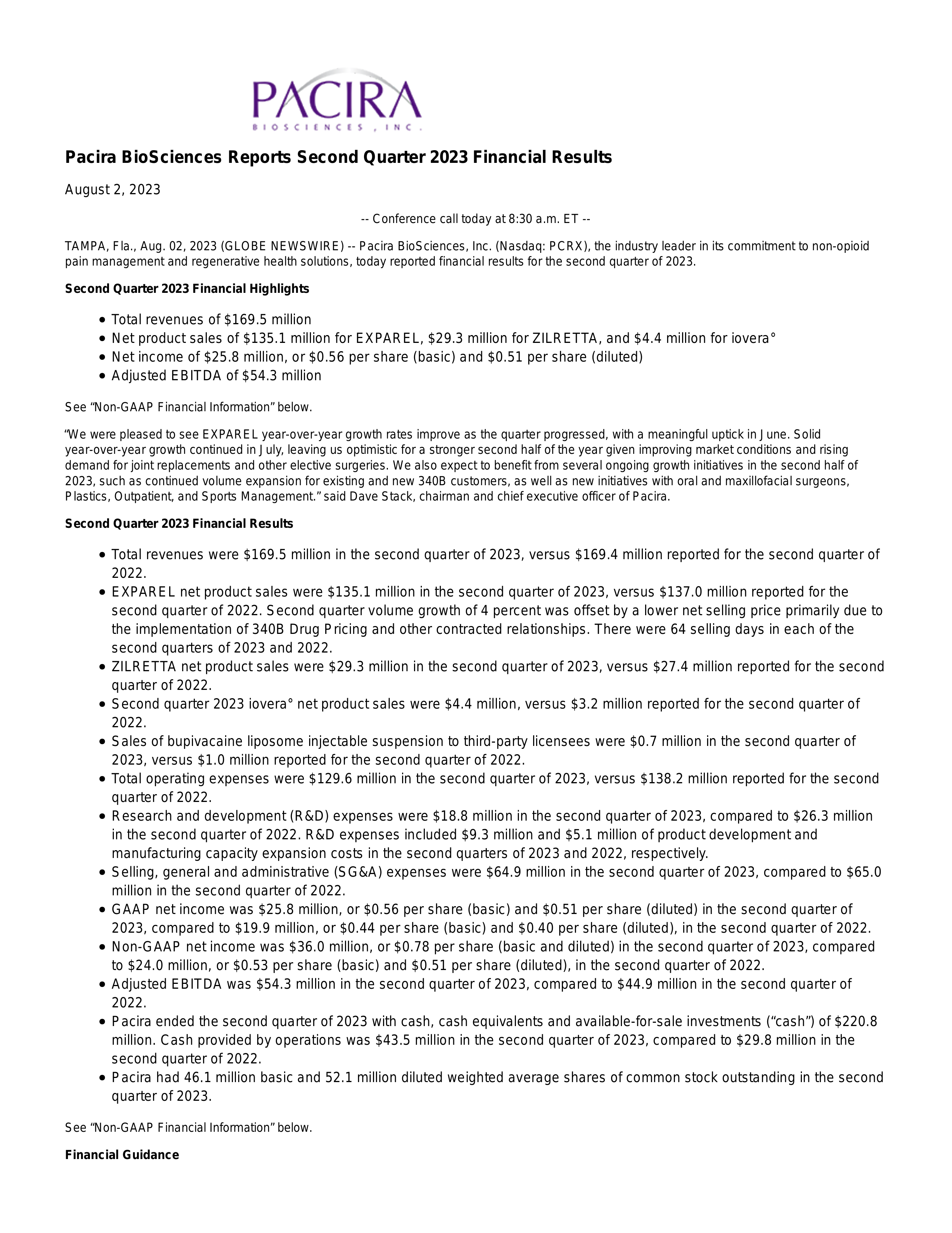 Pacira BioSciences' Q2 2023 Press Release