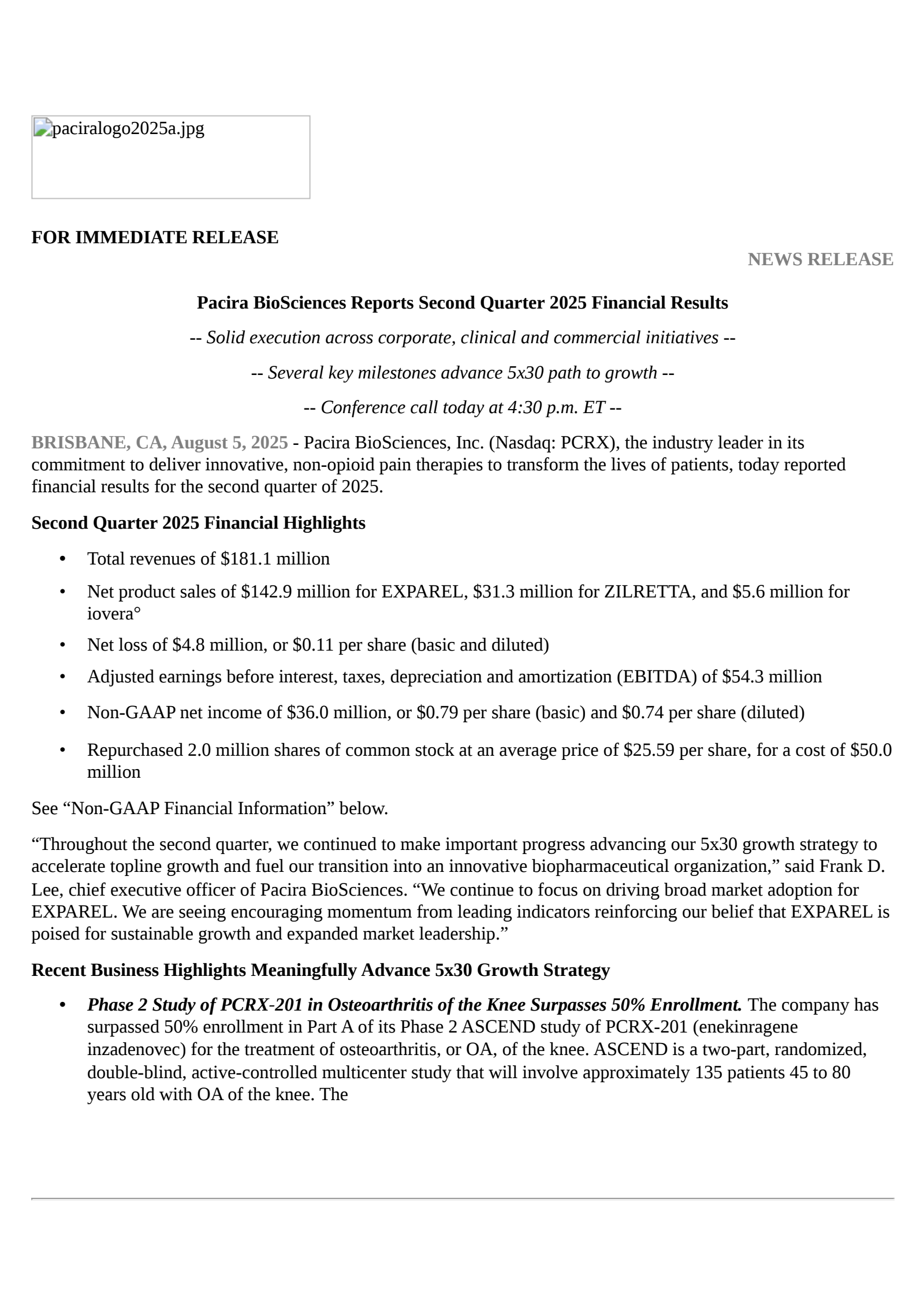 Pacira BioSciences' Q2 2025 Press Release
