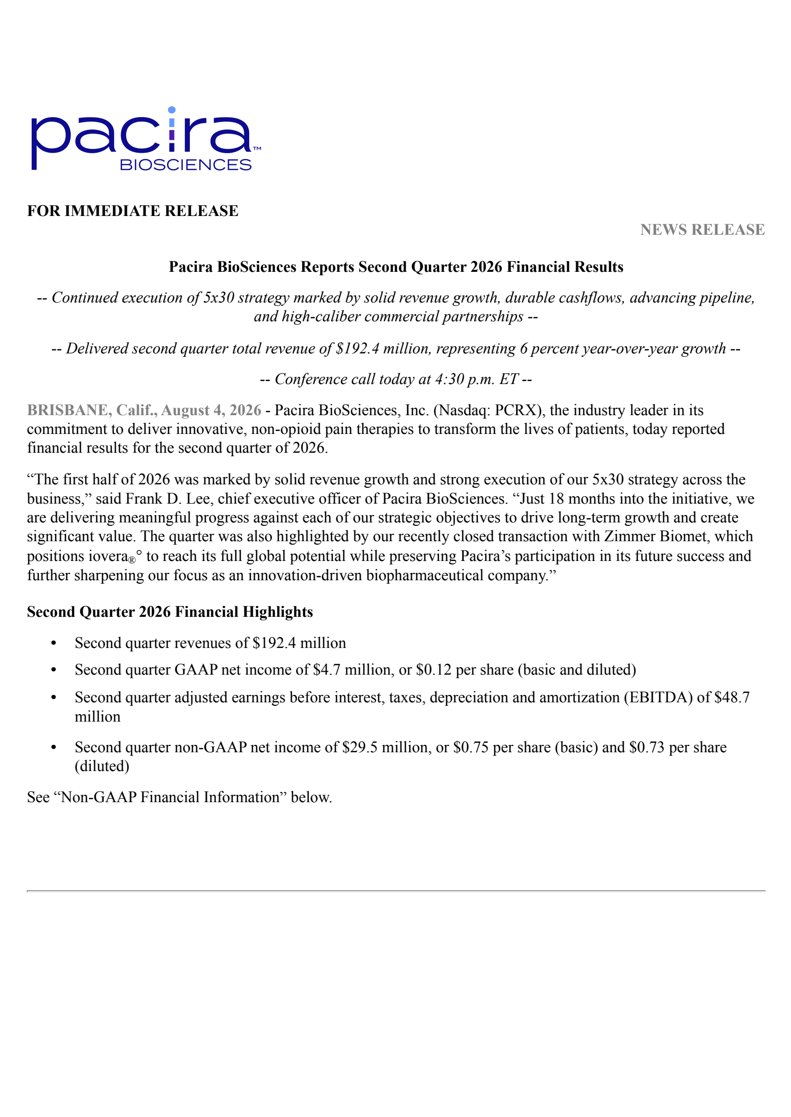 Pacira BioSciences' Q2 2026 Press Release