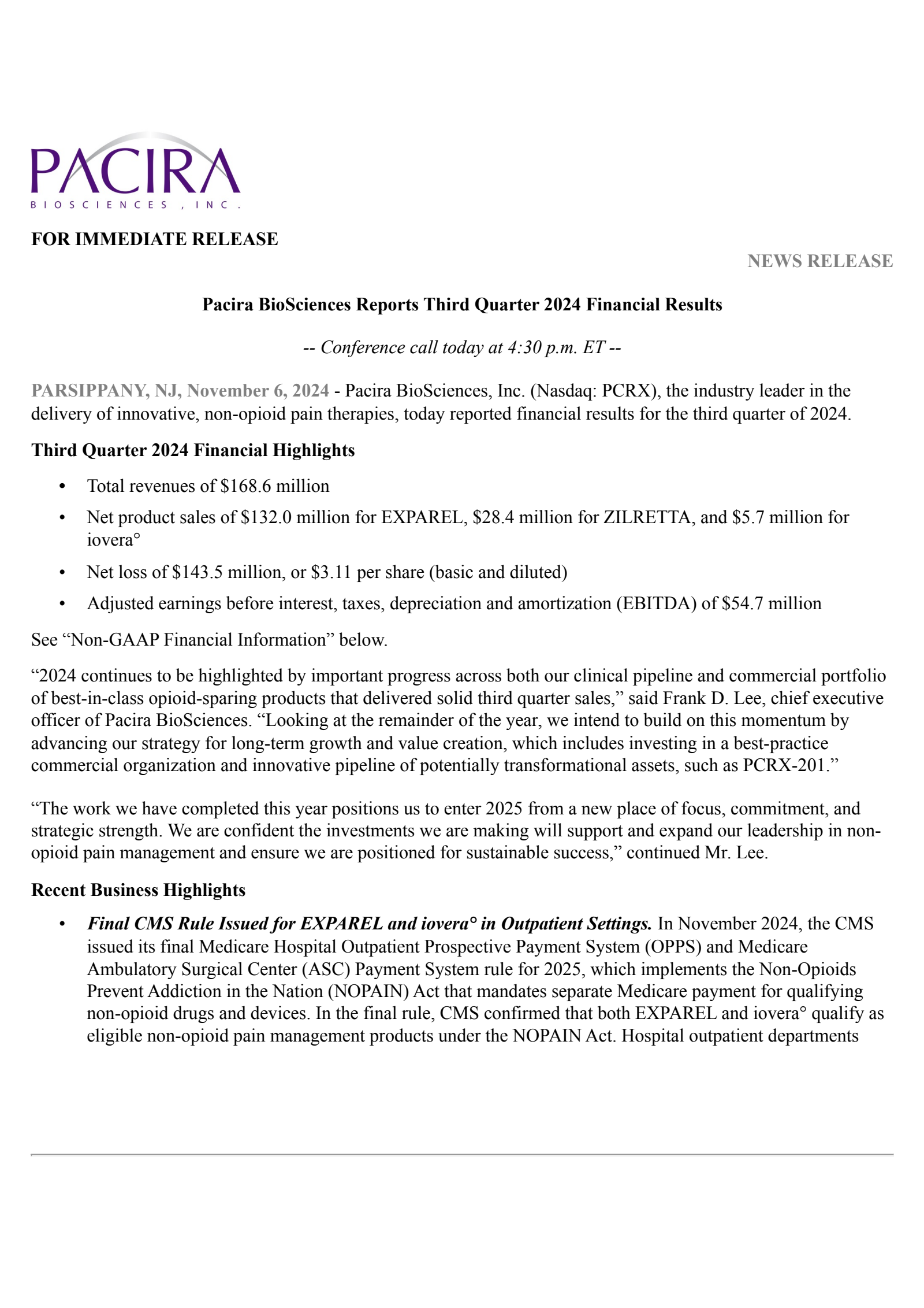 Pacira BioSciences' Q3 2024 Press Release