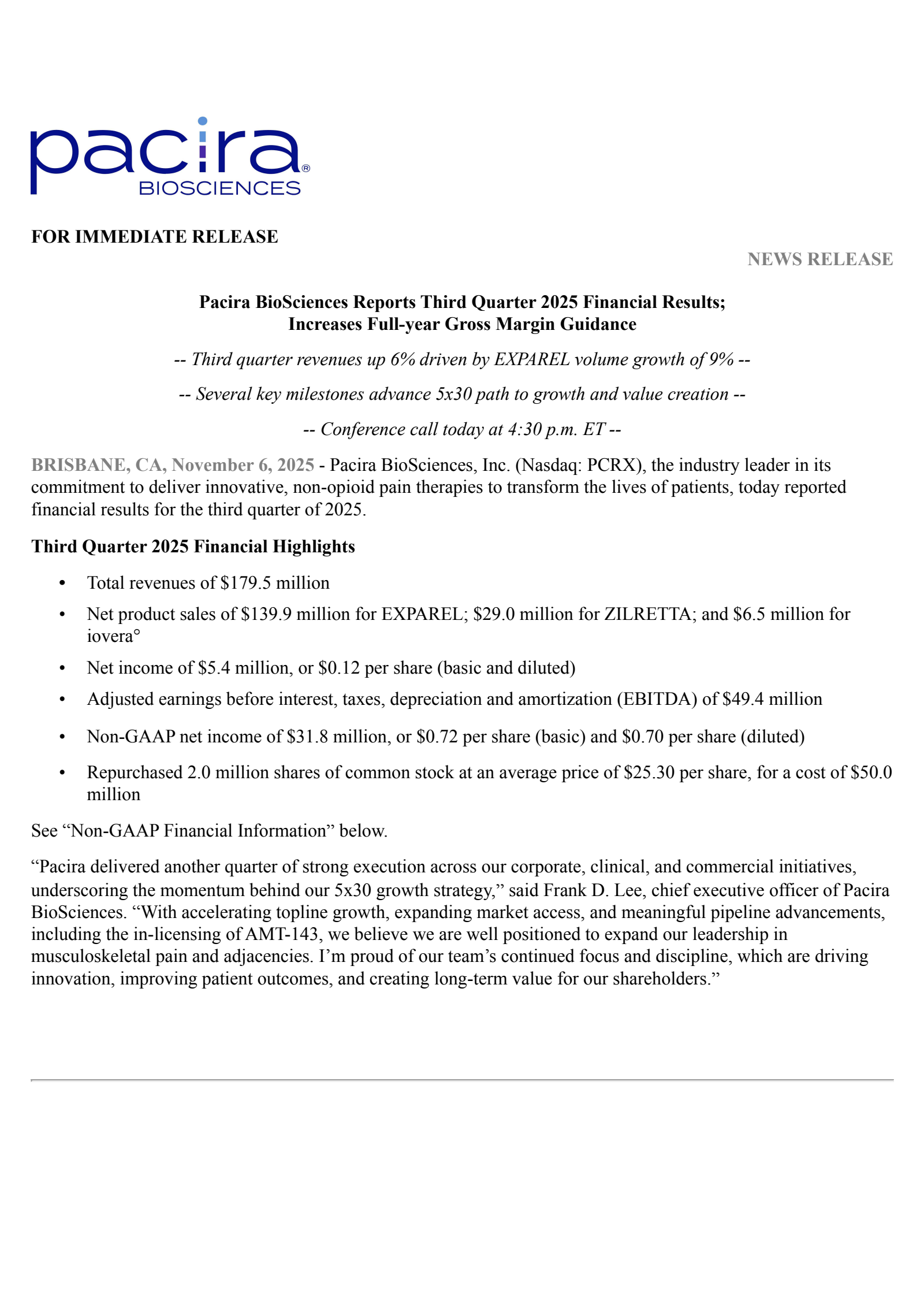 Pacira BioSciences' Q3 2025 Earnings Release