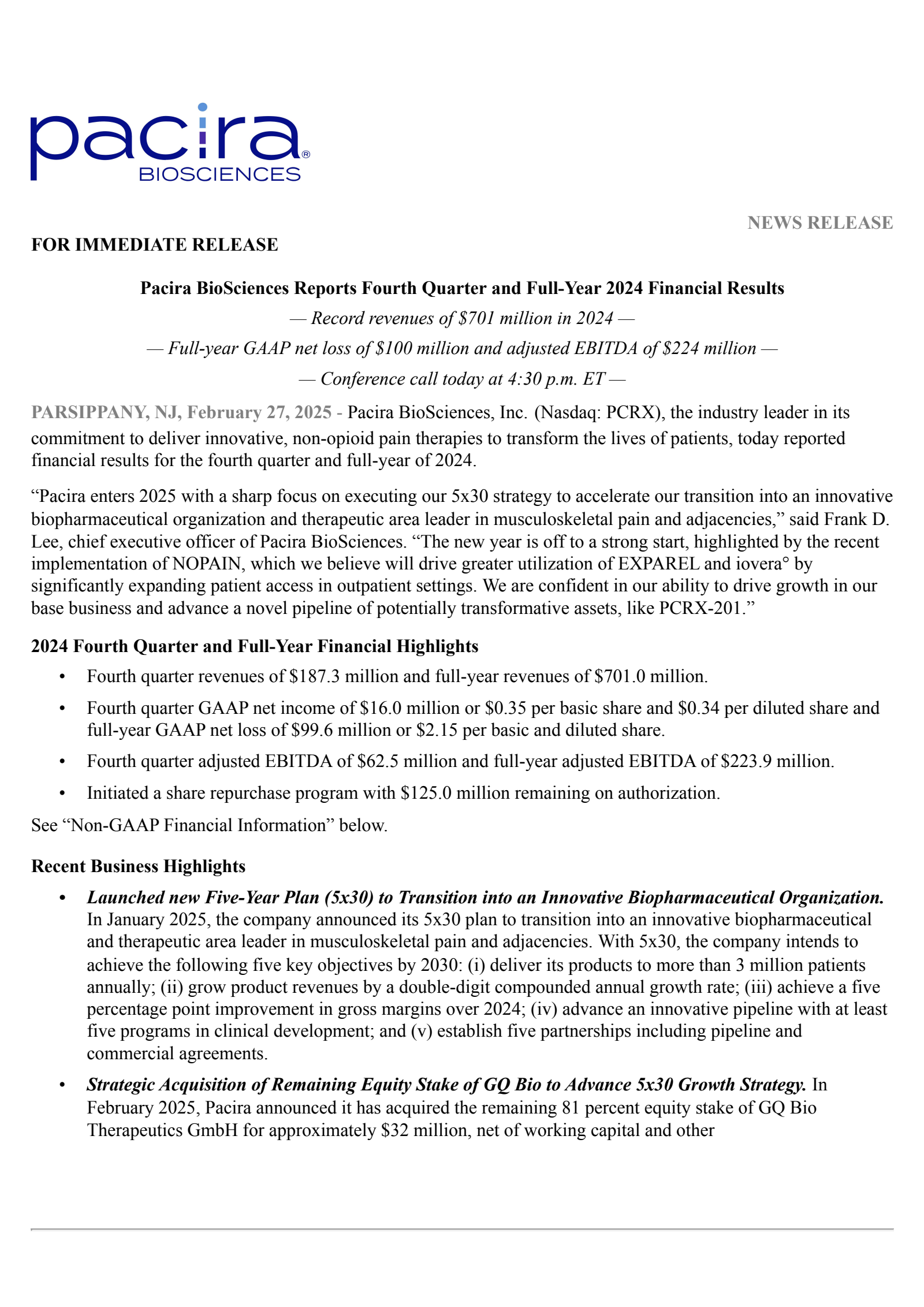 PCRX Q4 2024 Earnings Report on 2/27/2025