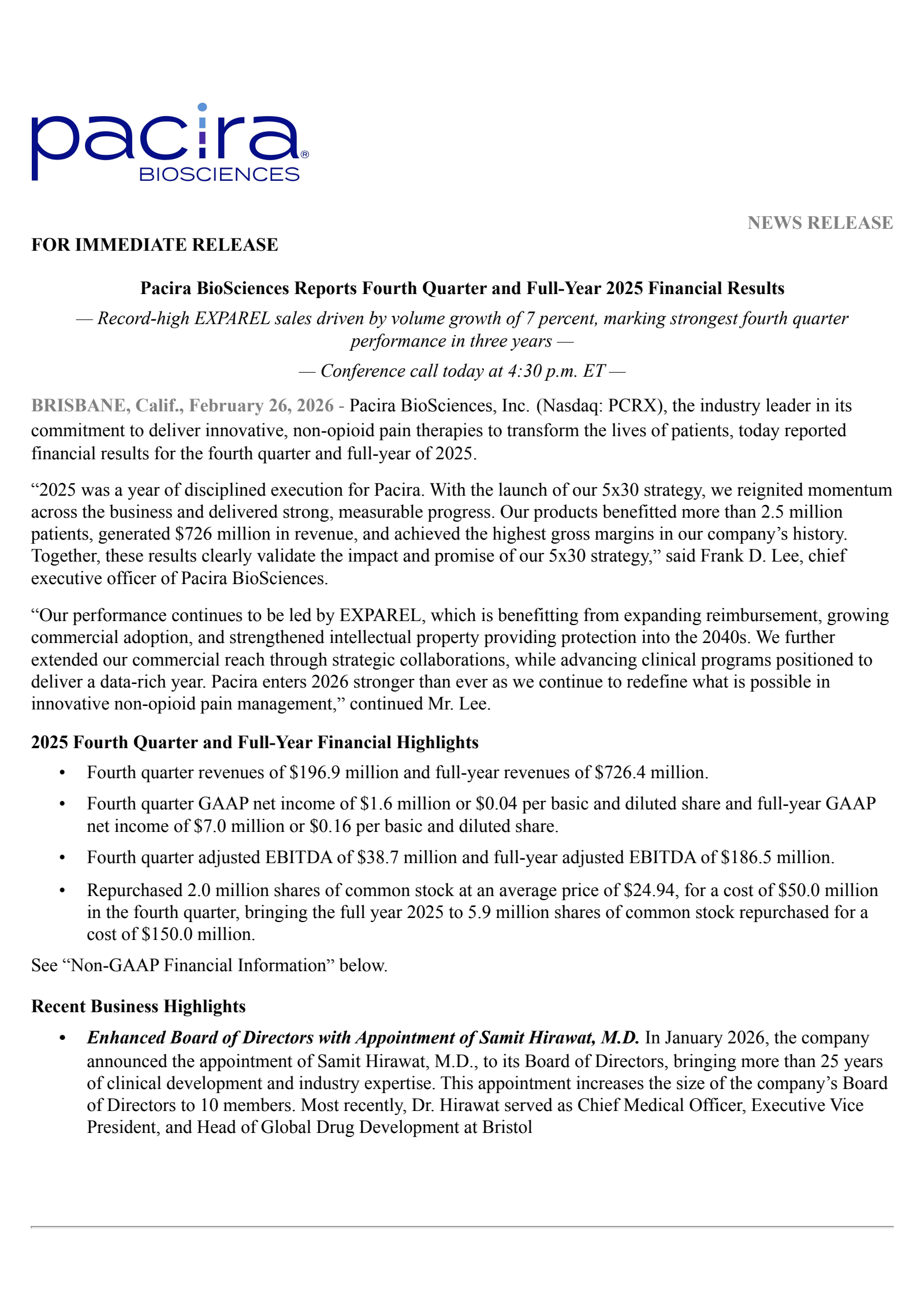 Pacira BioSciences' Q4 2025 Press Release