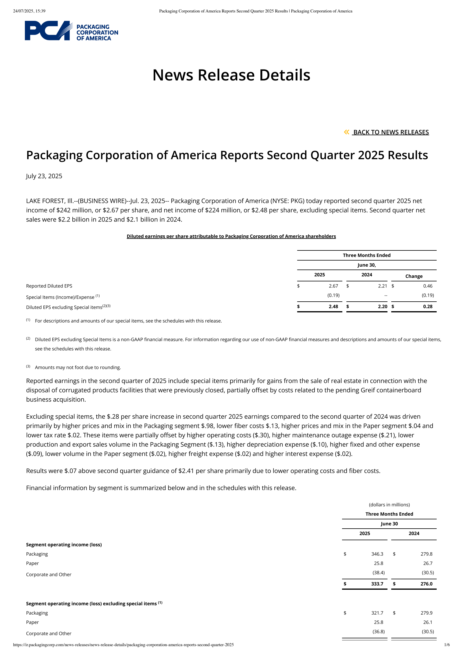 Packaging Corporation of America's Q2 2025 Press Release