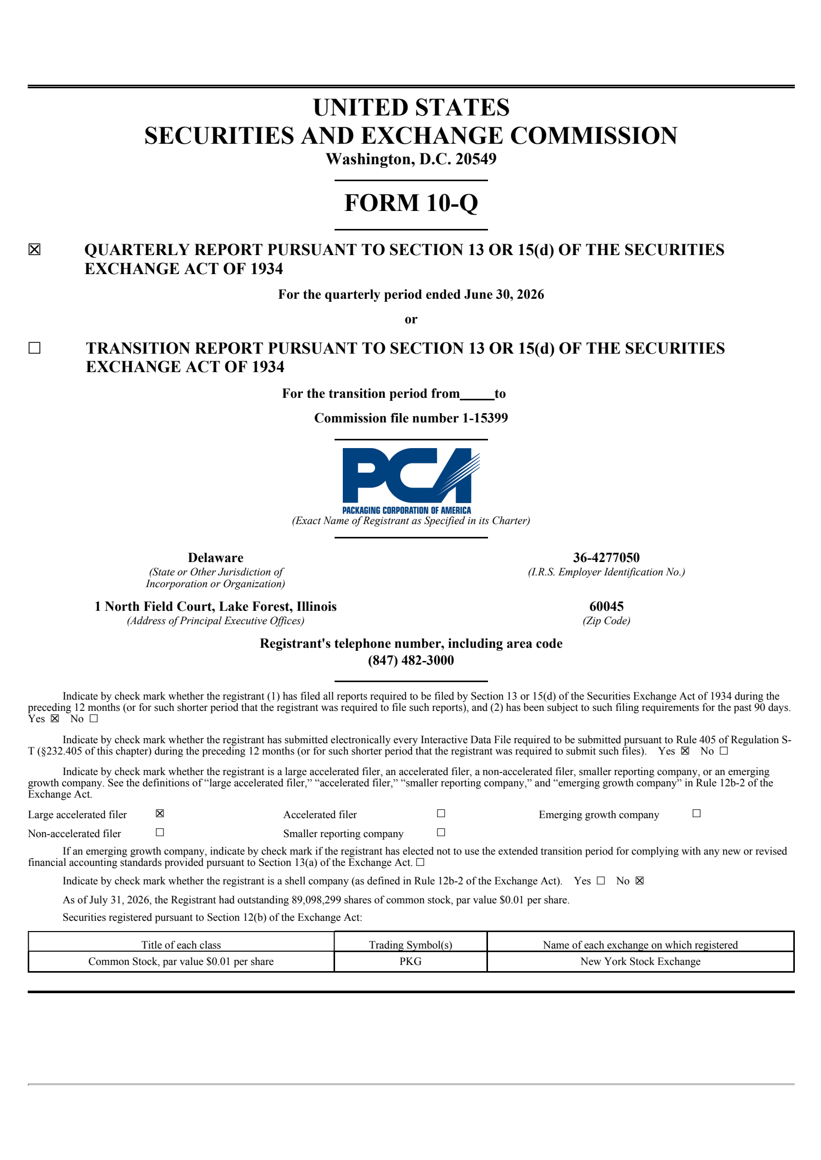 Packaging Corporation of America's Q2 2026 Quarterly report