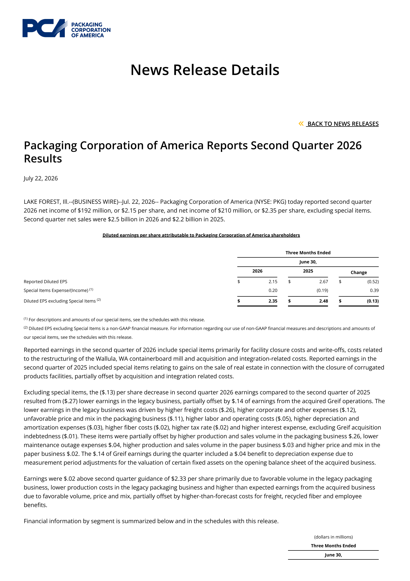 Packaging Corporation of America's Q2 2026 Press Release