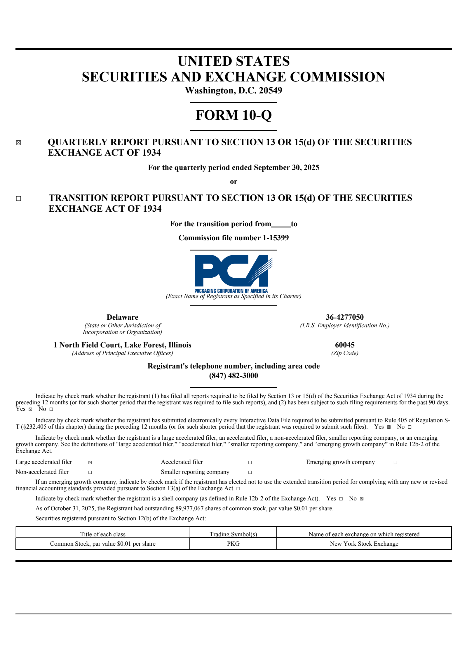 Packaging Corporation of America's Q3 2025 Quarterly Report