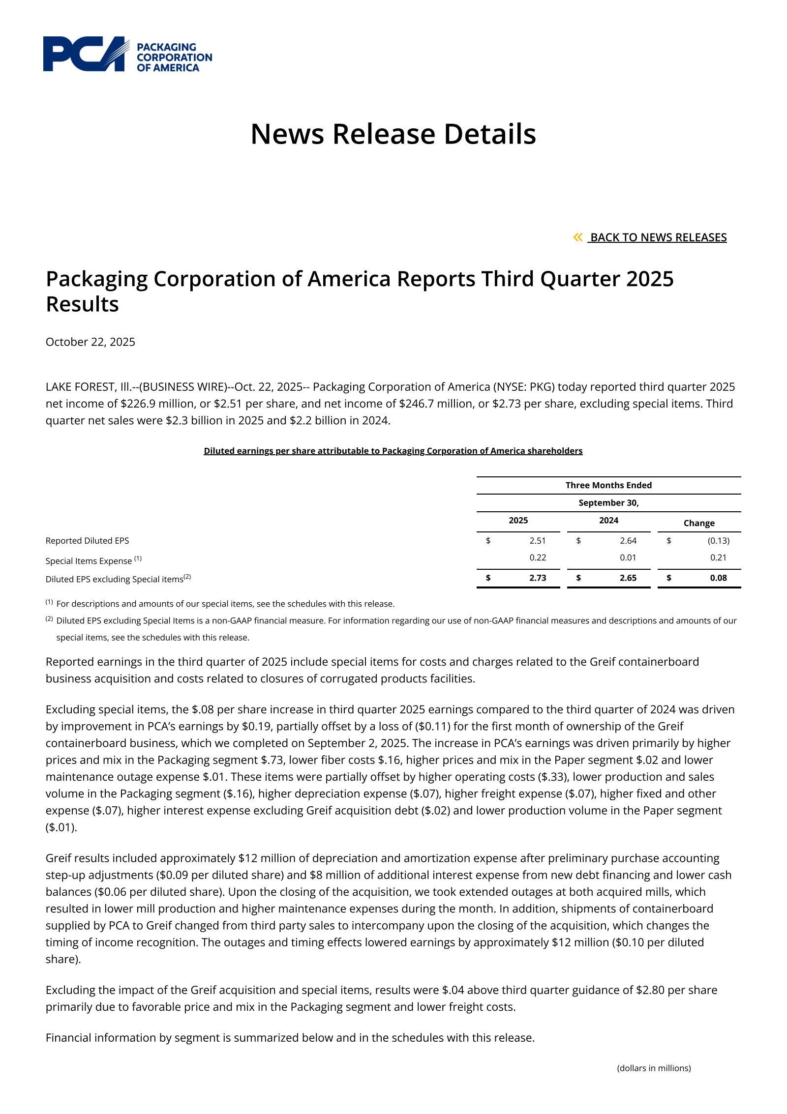 Packaging Corporation of America's Q3 2025 Earnings Release