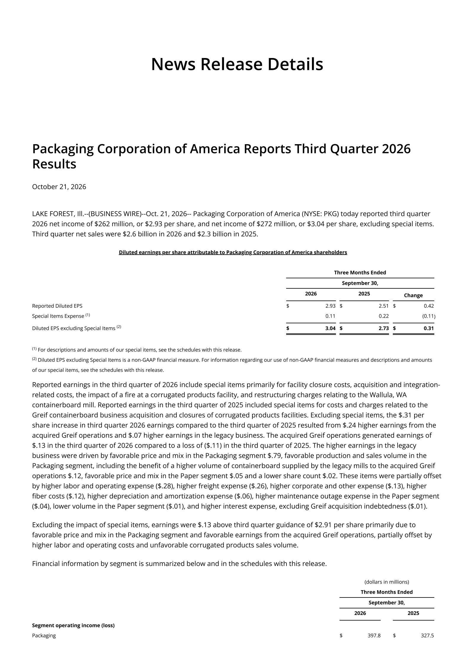 Packaging Corporation of America's Q3 2026 Press Release
