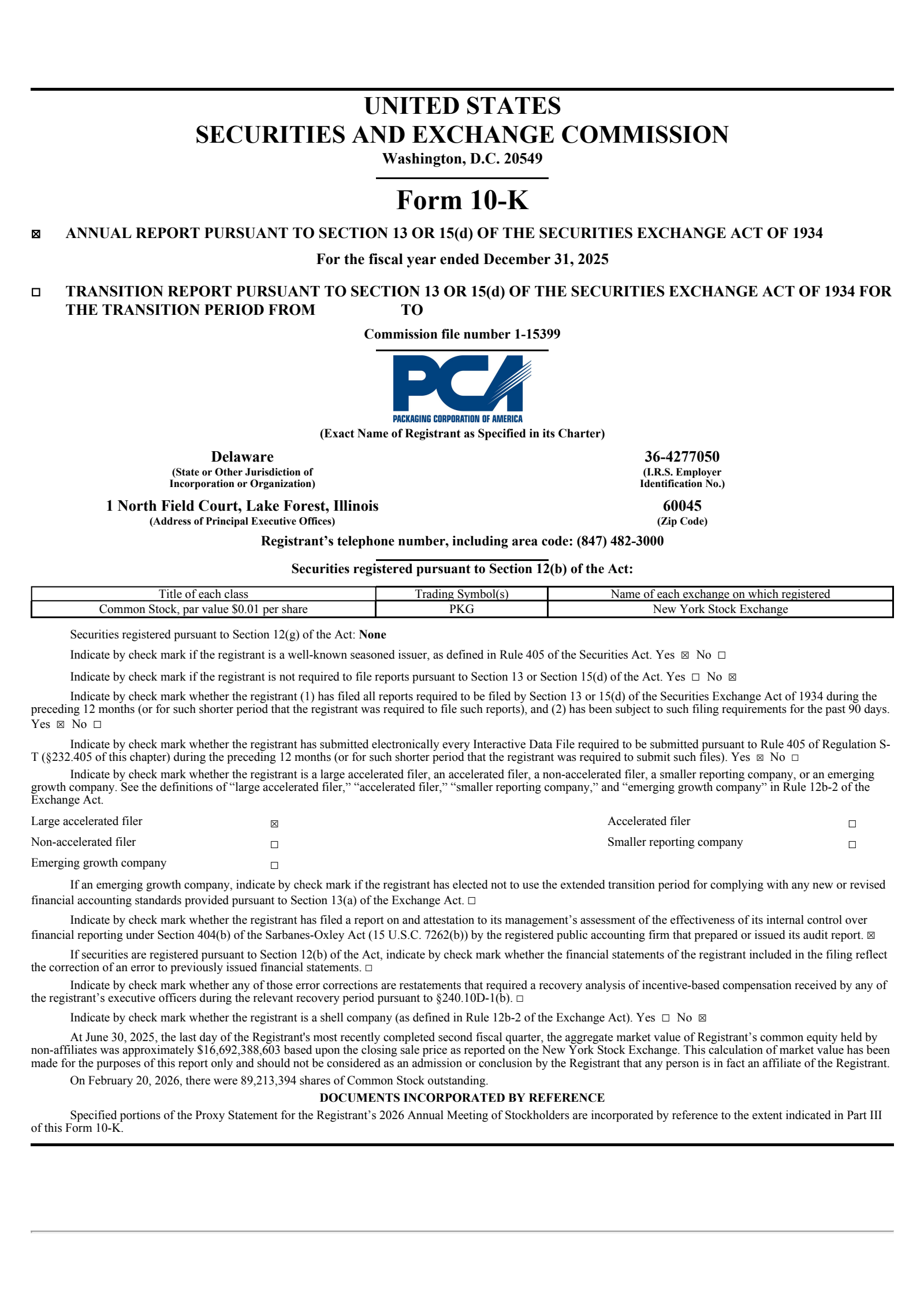 Packaging Corporation of America's Q4 2025 Annual report