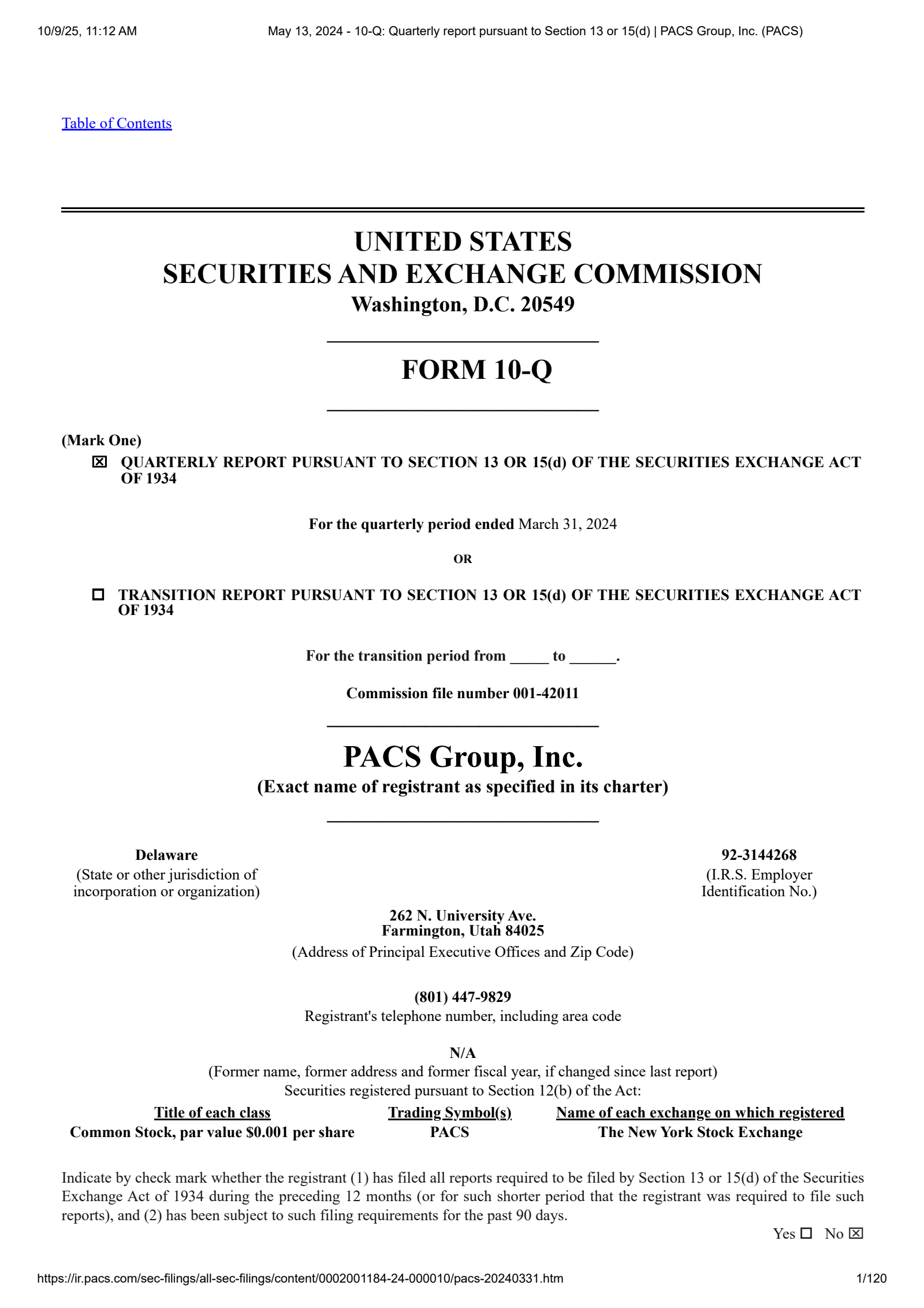 PACS Group's Q1 2024 Quarterly Report