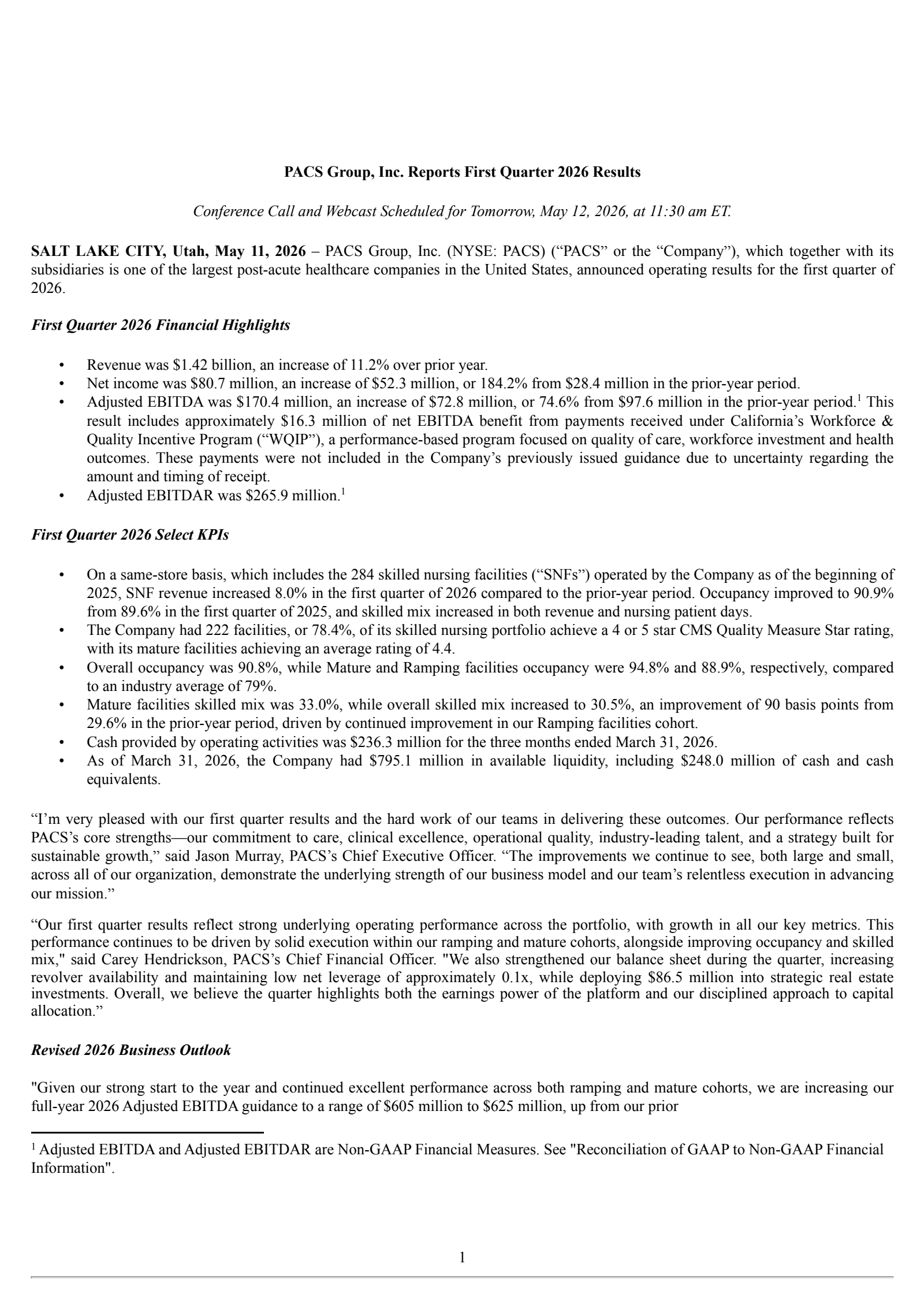 PACS Group's Q1 2026 Press Release