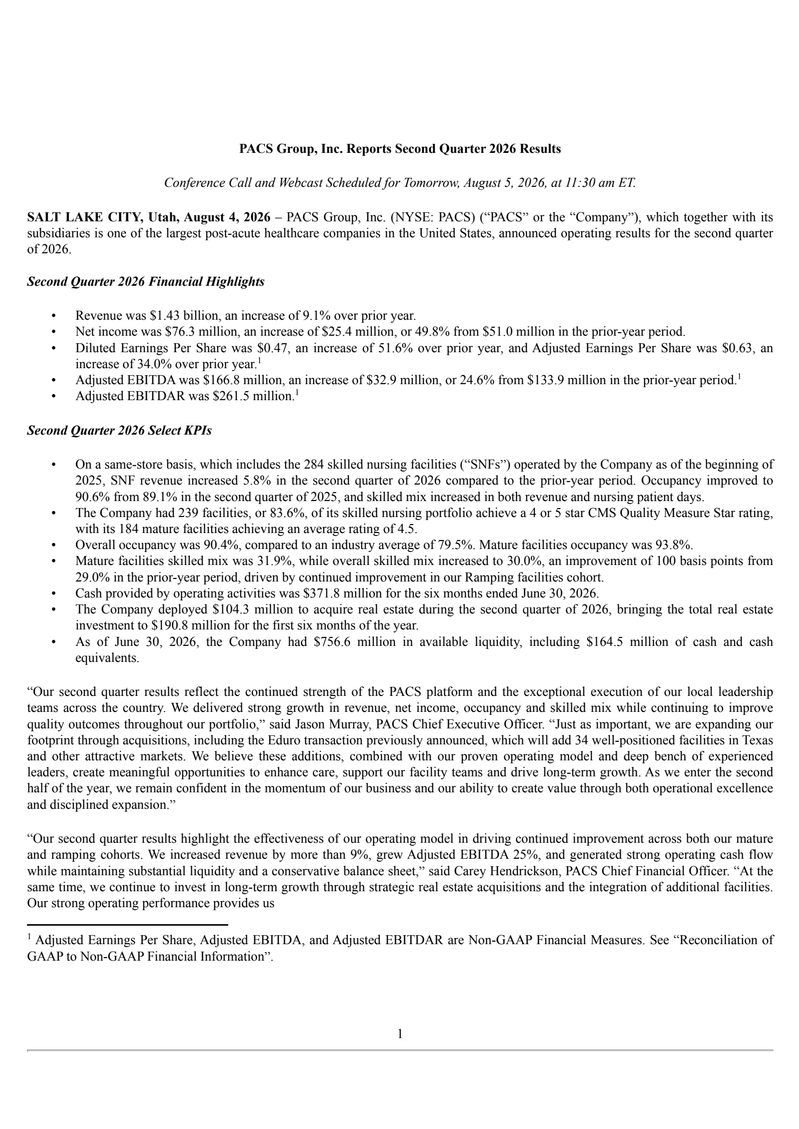 PACS Group's Q2 2026 Press Release