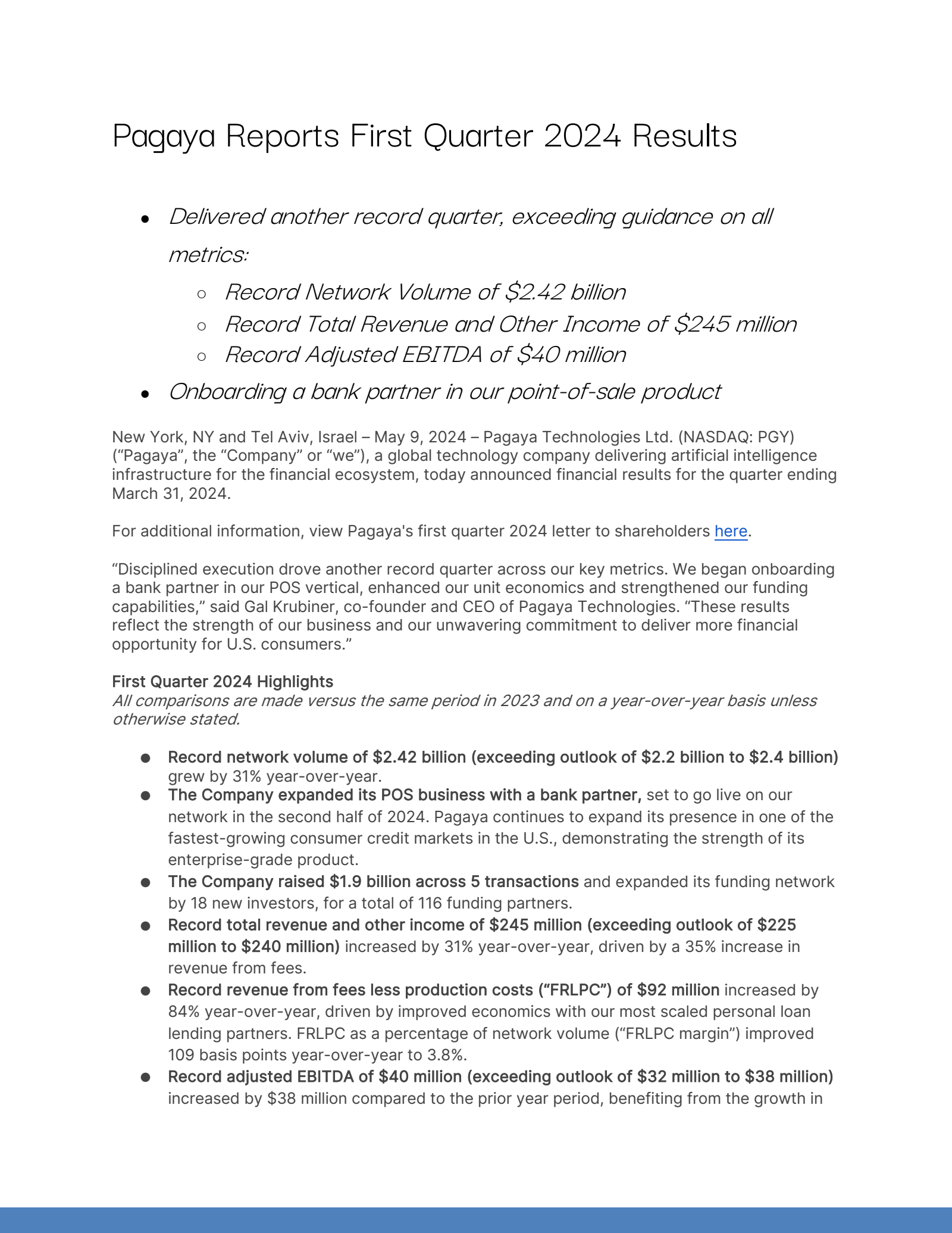 Pagaya Technologies' Q1 2024 Press Release