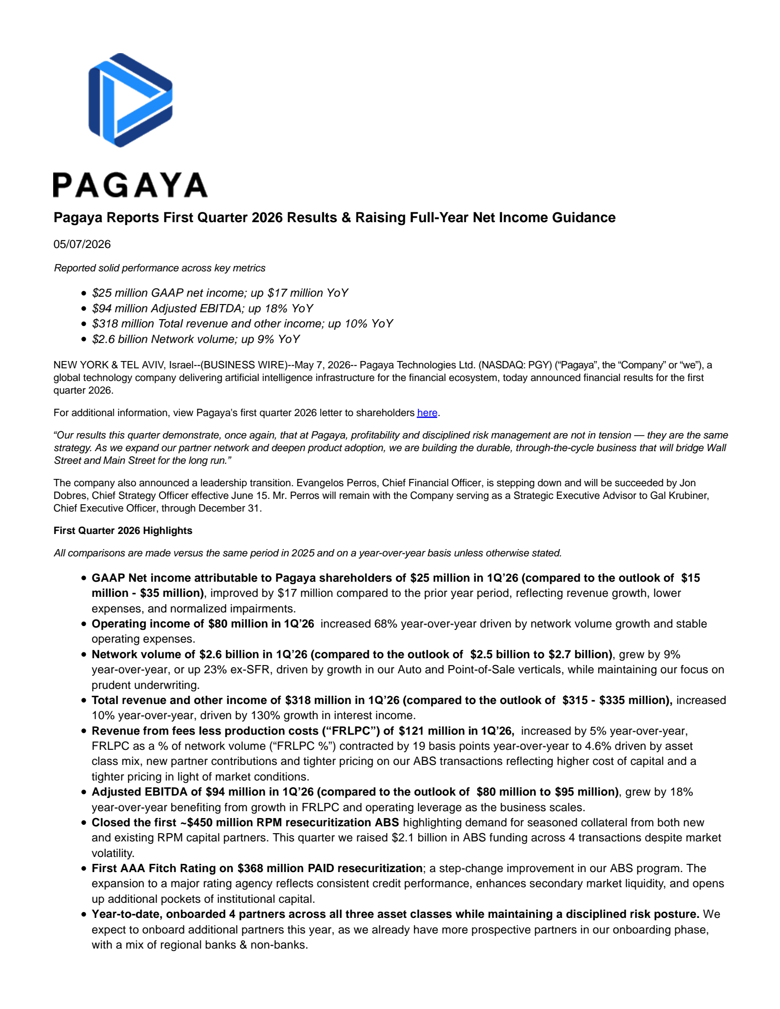 Pagaya Technologies' Q1 2026 Press Release