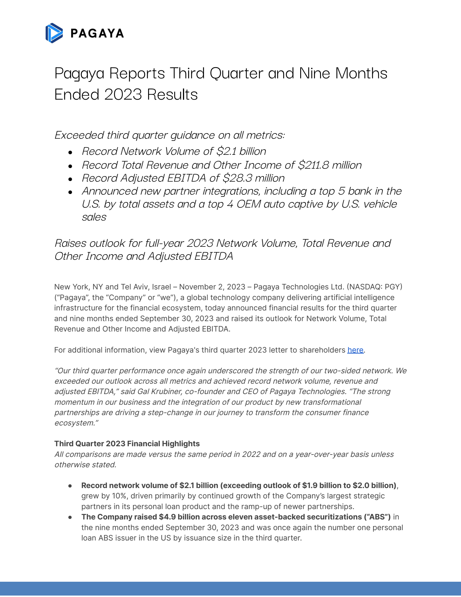 Pagaya Technologies' Q3 2023 Earnings Release