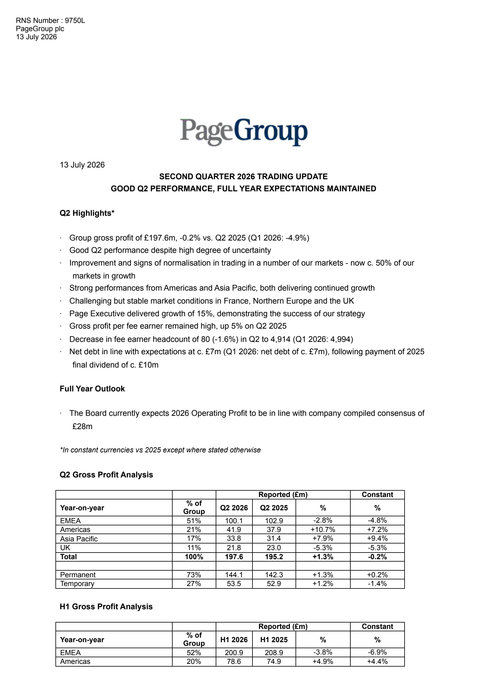 PageGroup's Q2 2026 TU Press Release