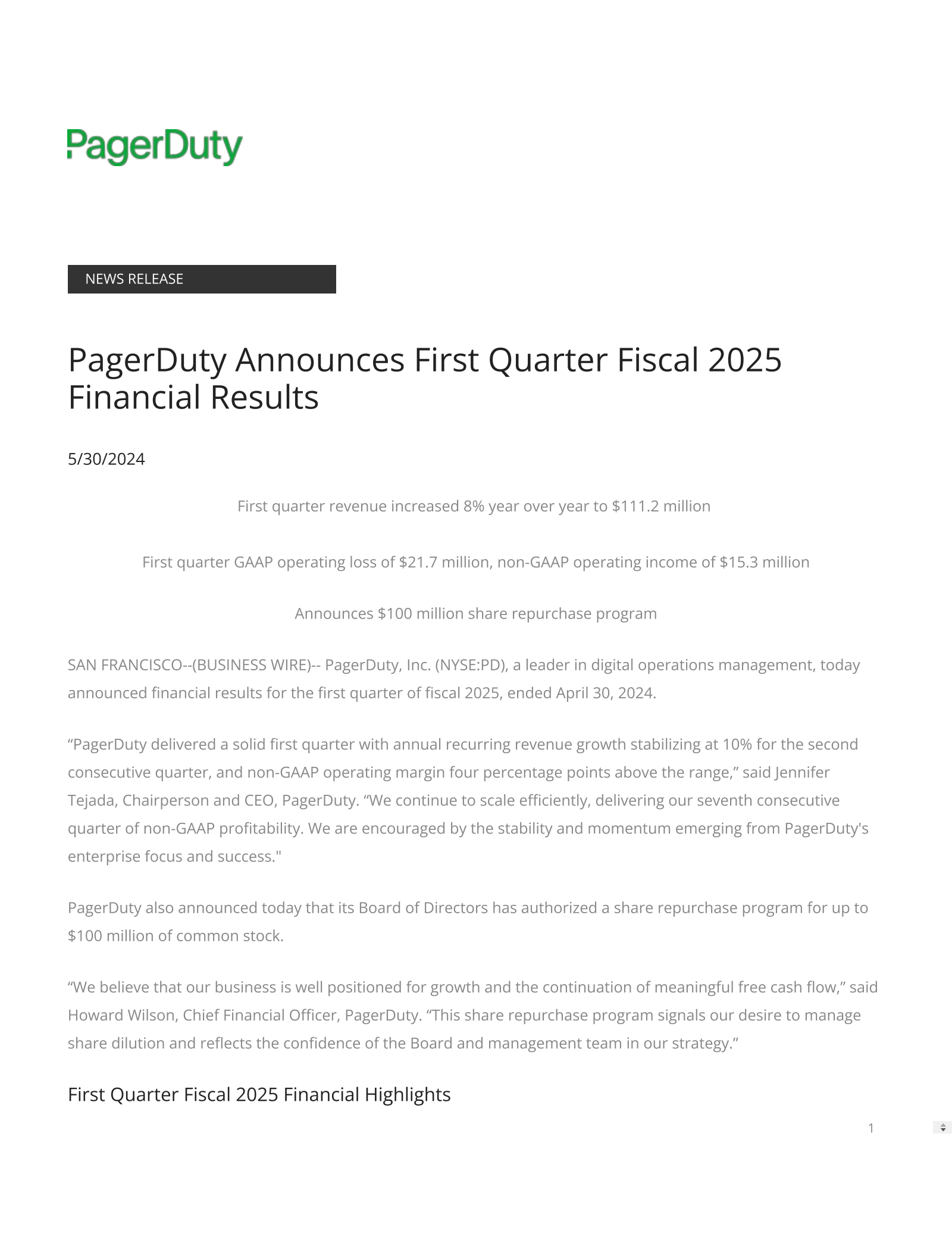 PagerDuty's Q1 2025 Press Release