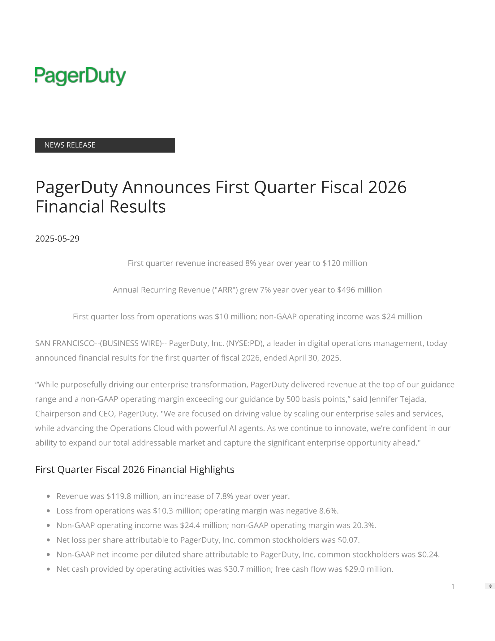 PagerDuty's Q1 2026 Press Release