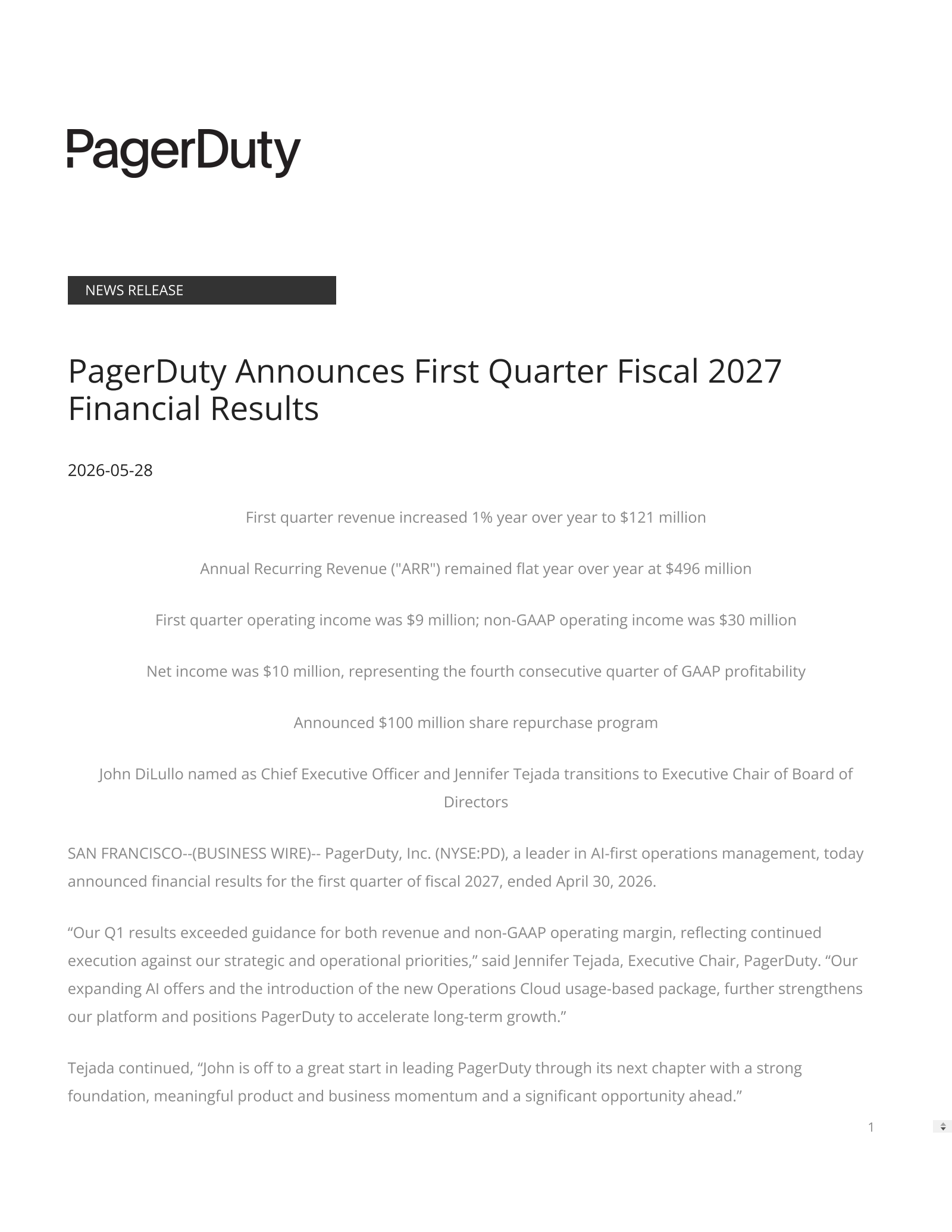 PagerDuty's Q1 2027 Press Release