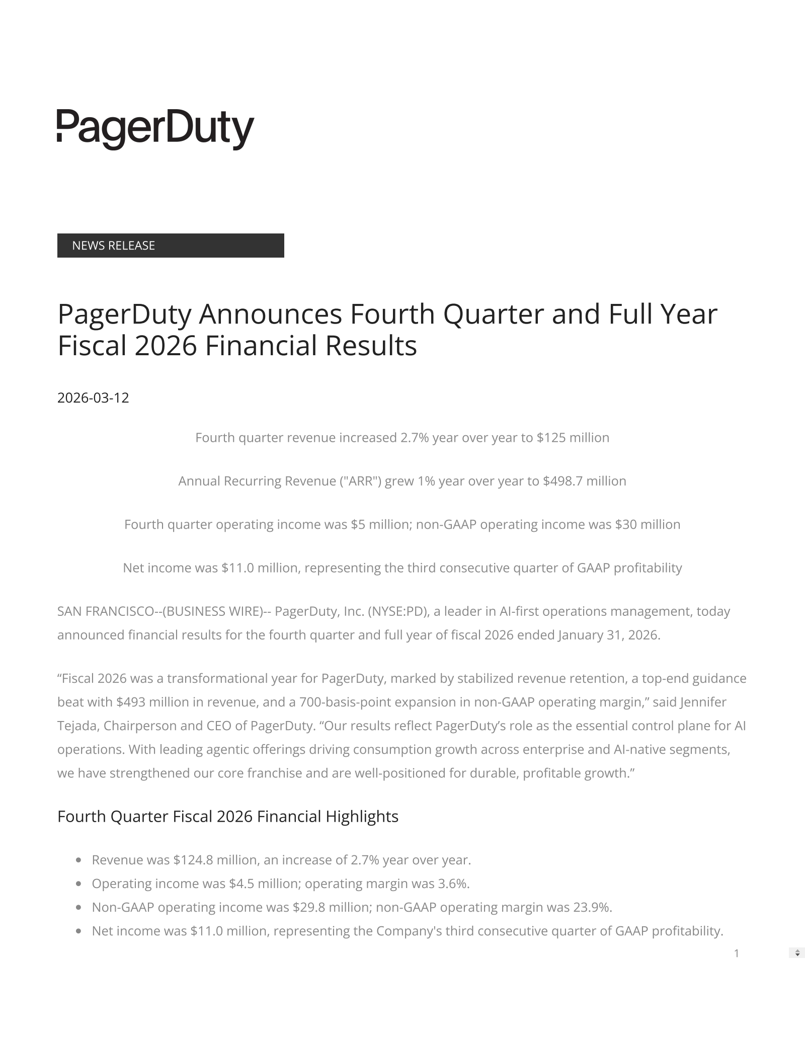 PagerDuty's Q4 2026 Press Release