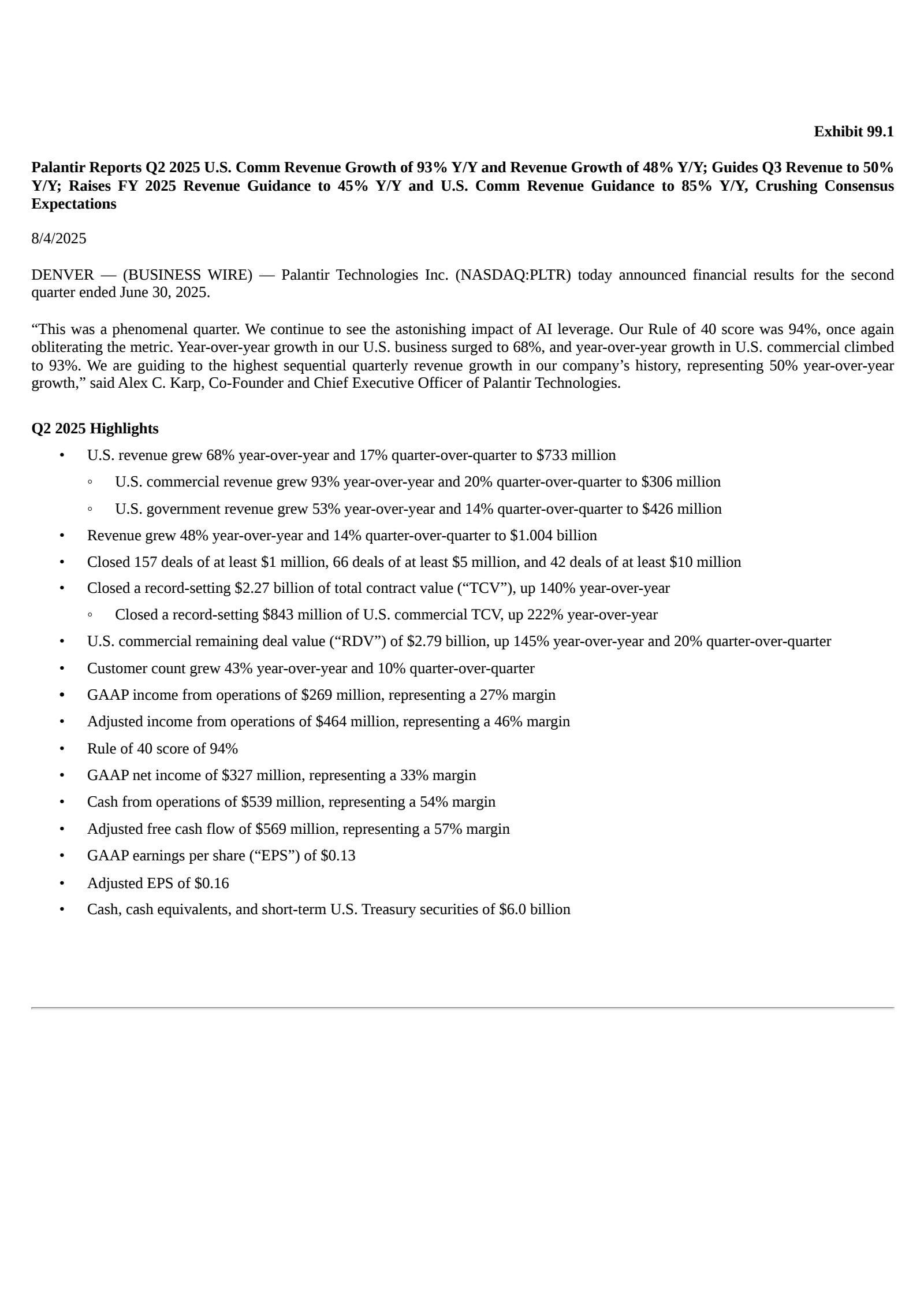 Palantir Technologies' Q2 2025 Press Release