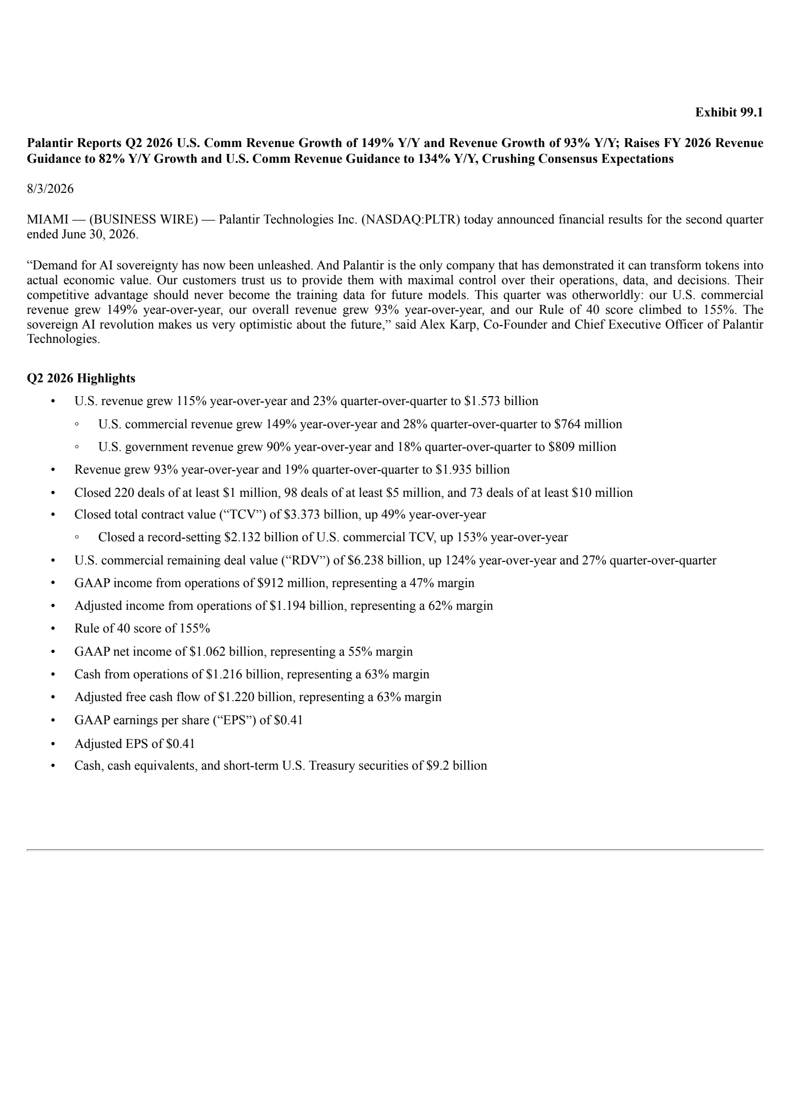 Palantir Technologies' Q2 2026 Press Release
