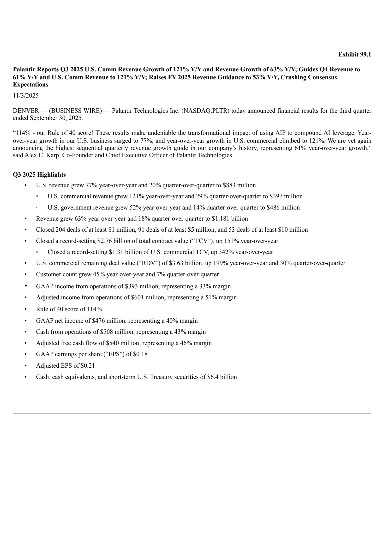Palantir Technologies' Q3 2025 Press Release