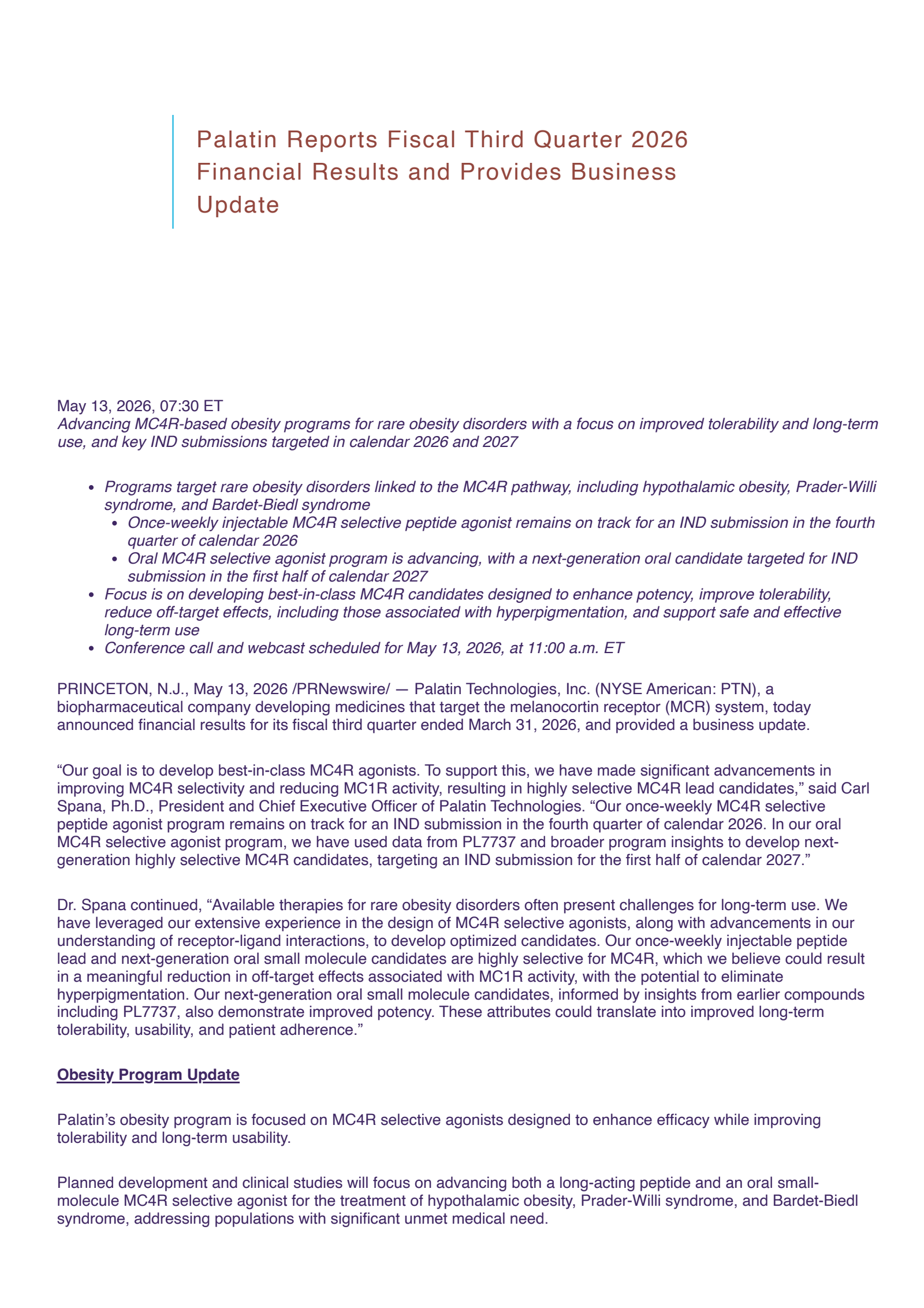 Palatin Technologies' Q3 2026 Press Release