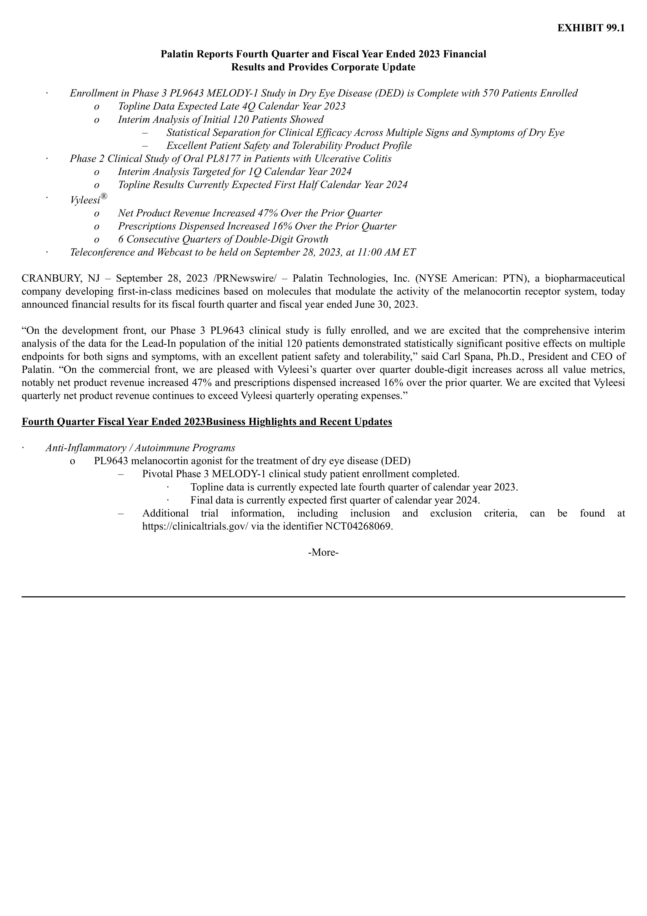 Palatin Technologies' Q4 2023 Press Release