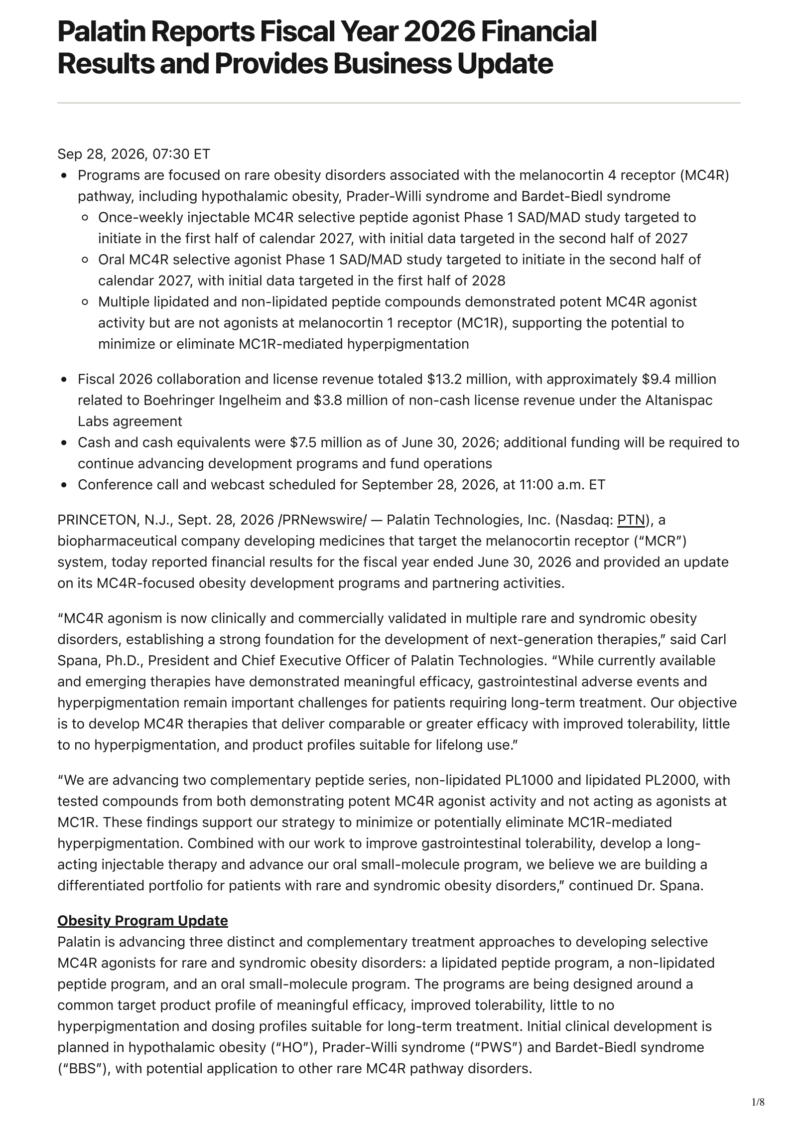 Palatin Technologies' Q4 2026 Press Release