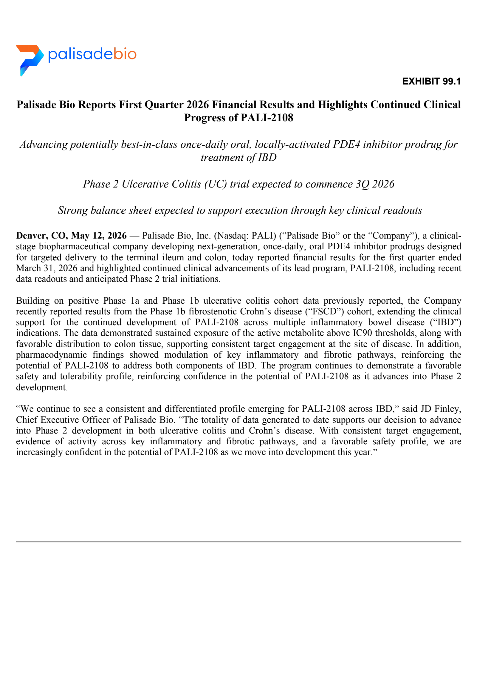Palisade Bio's Q1 2026 Press Release