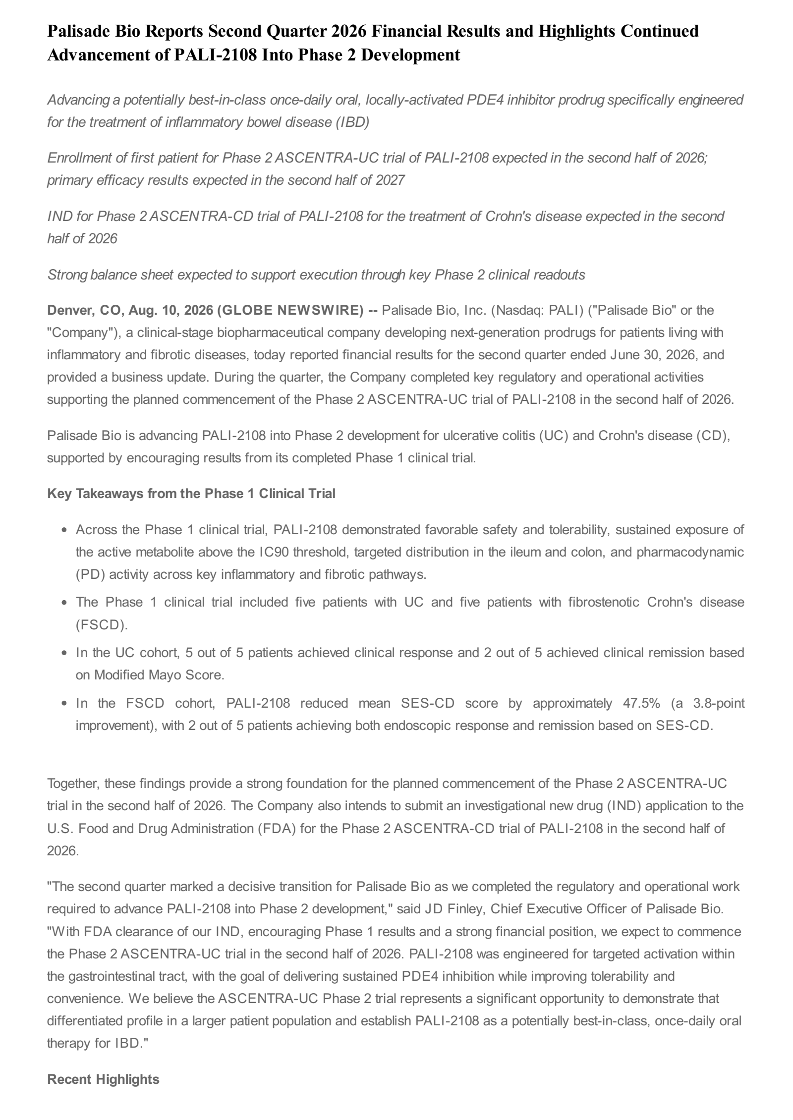 Palisade Bio's Q2 2026 Press Release