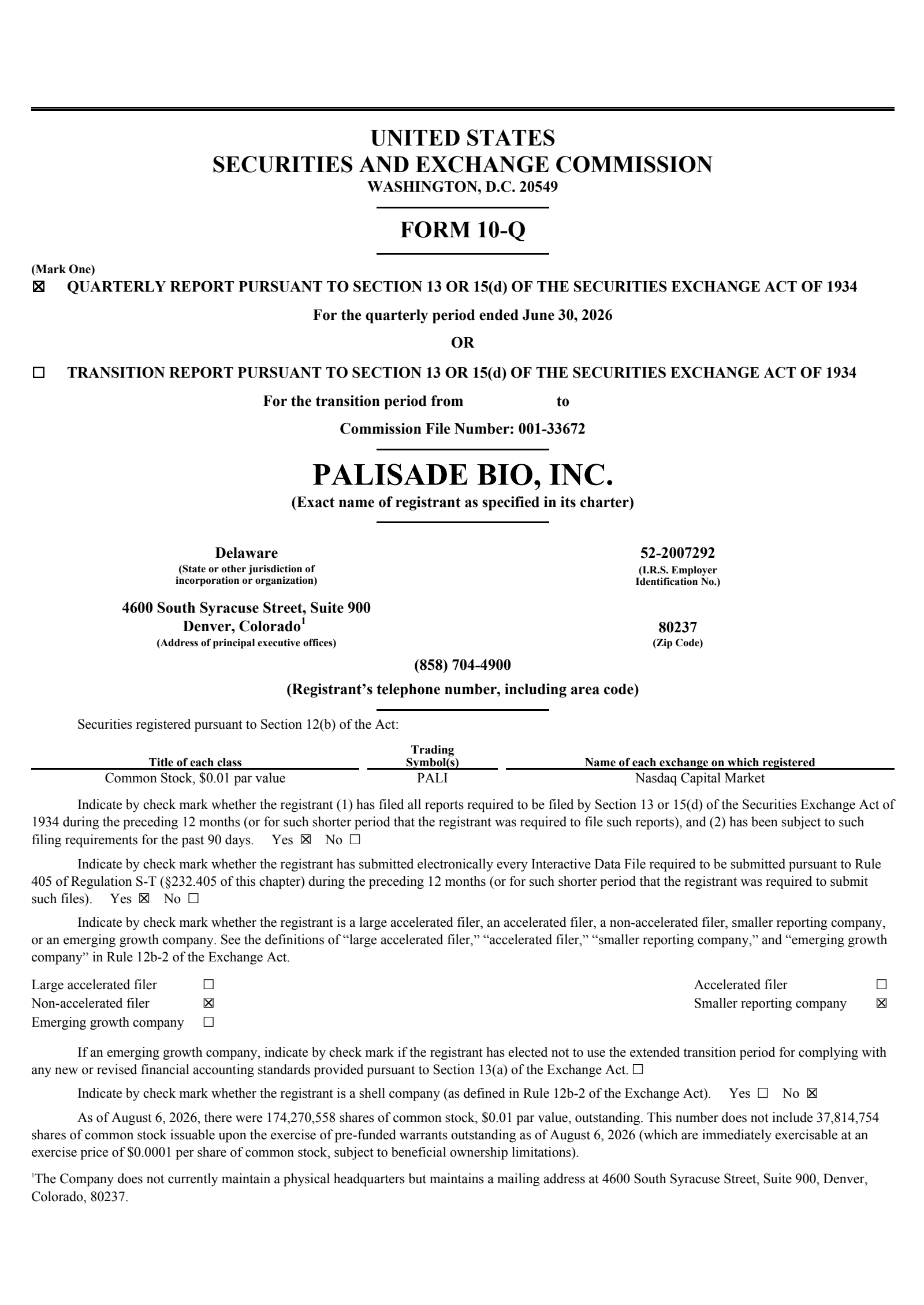 Palisade Bio's Q2 2026 Quarterly report