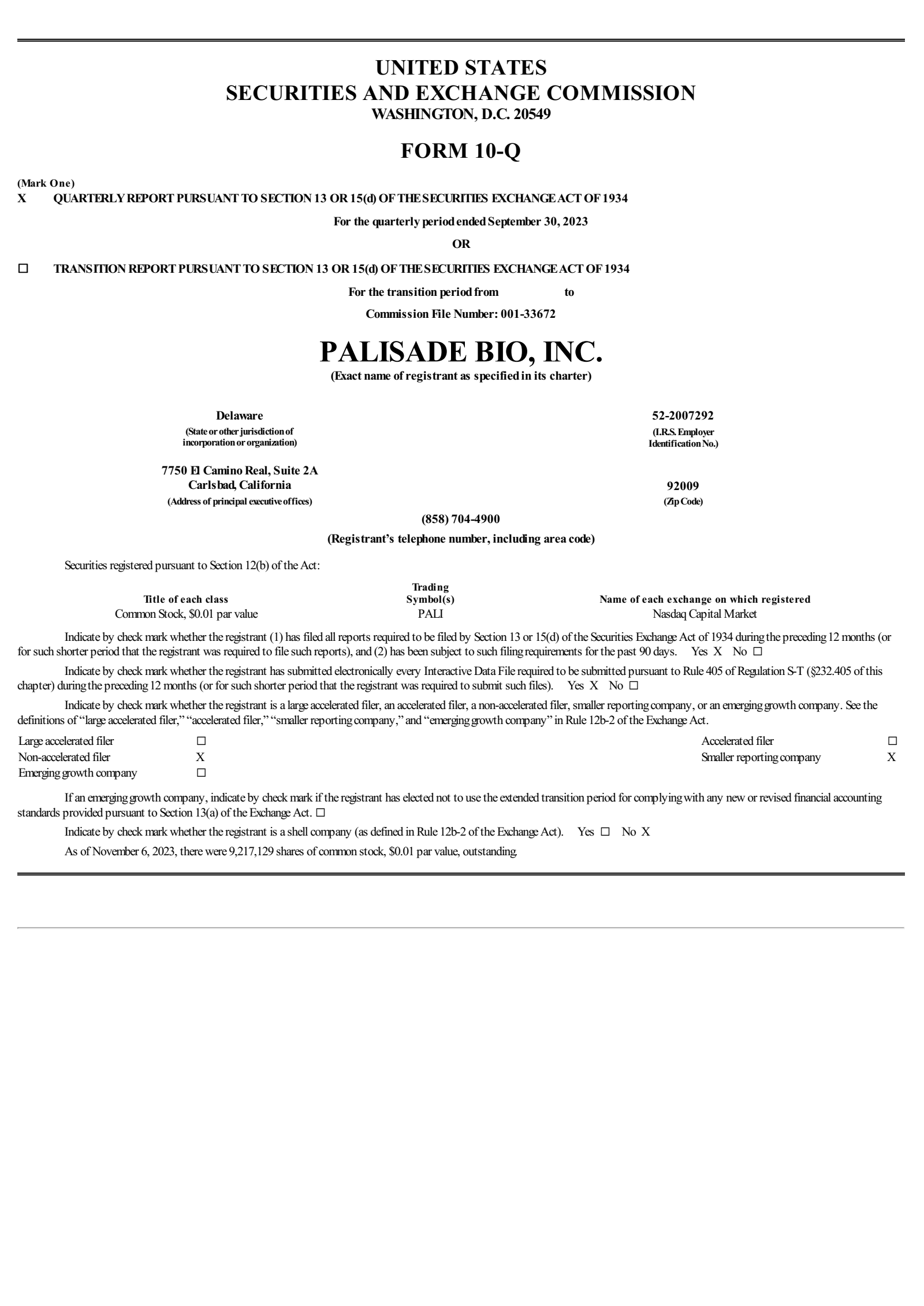 Palisade Bio's Q3 2023 Quarterly report