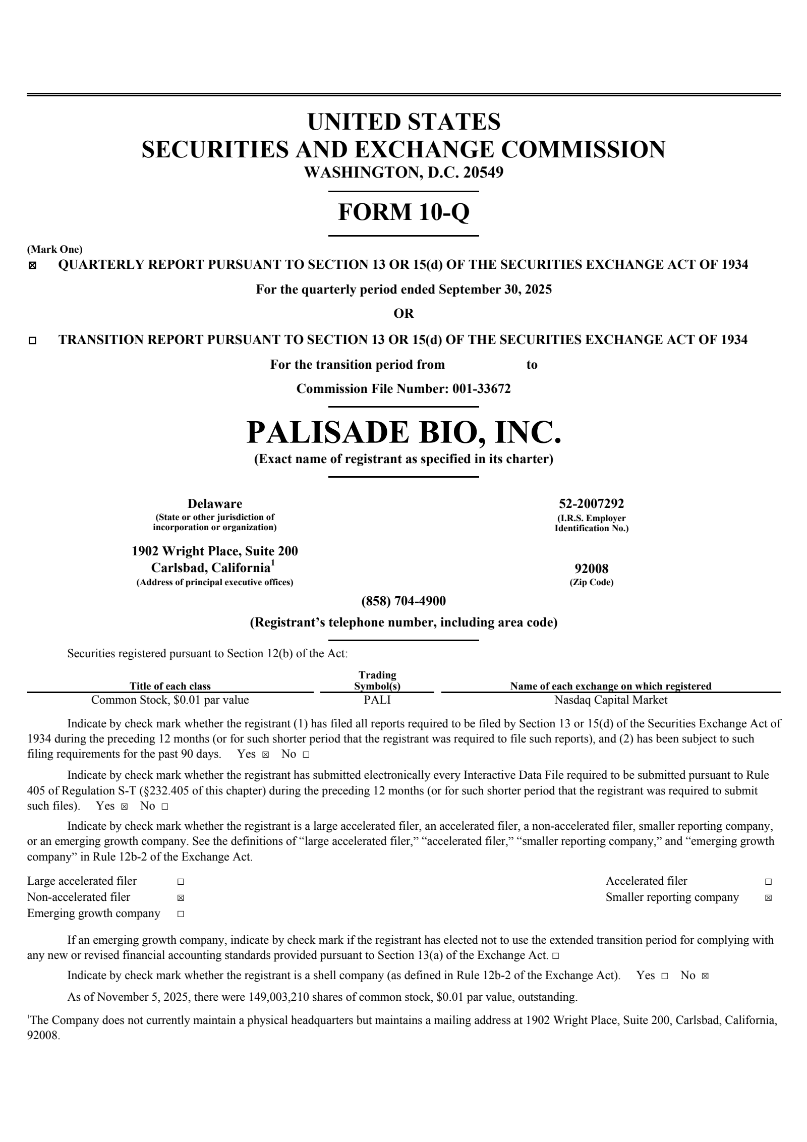 Palisade Bio's Q3 2025 Quarterly Report