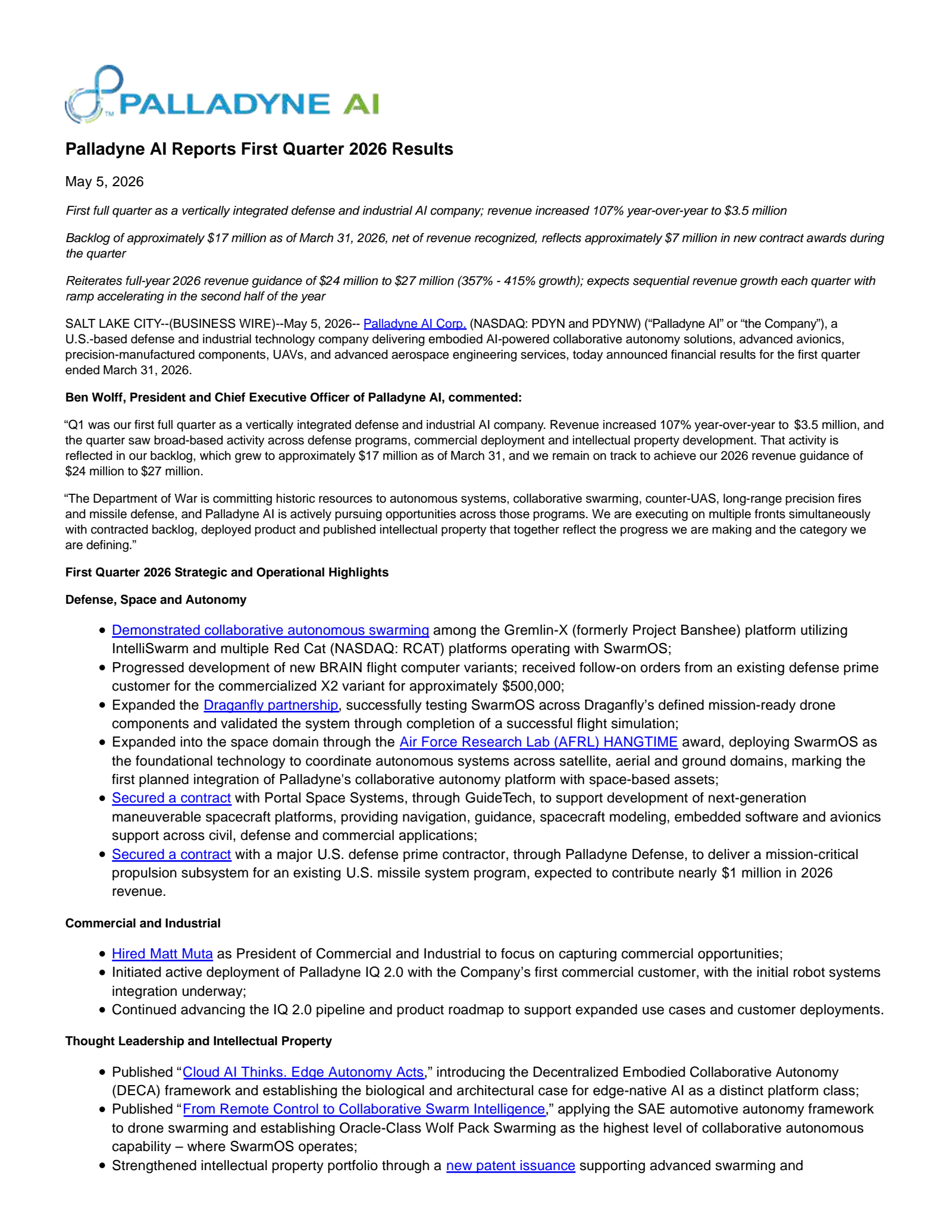 Palladyne AI's Q1 2026 Press Release