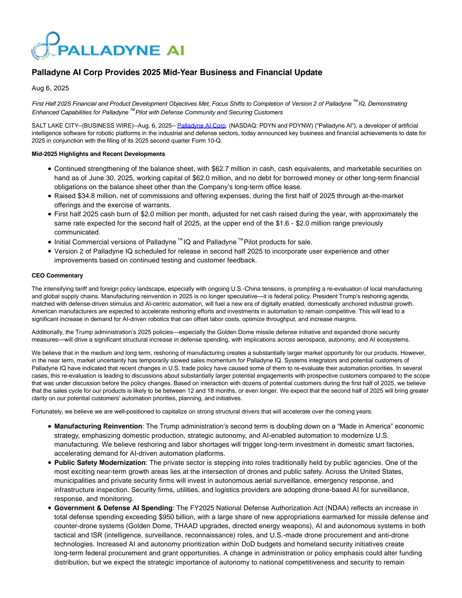 Palladyne AI's Q2 2025 Press Release