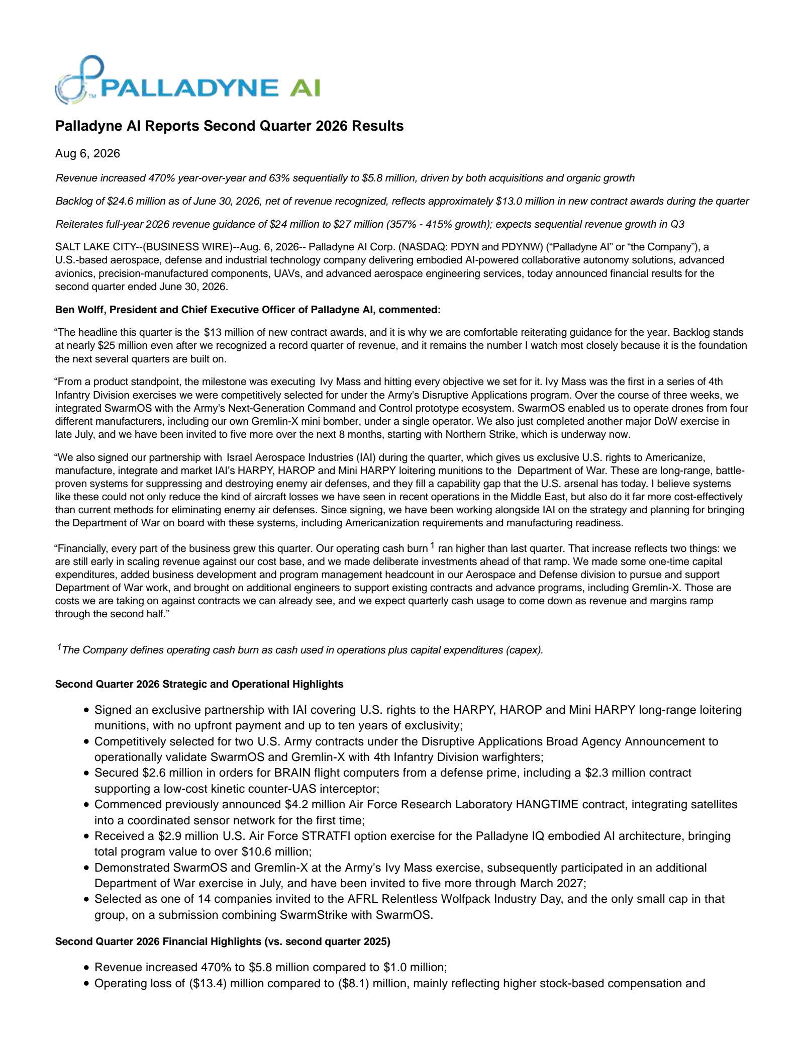 Palladyne AI's Q2 2026 Press Release