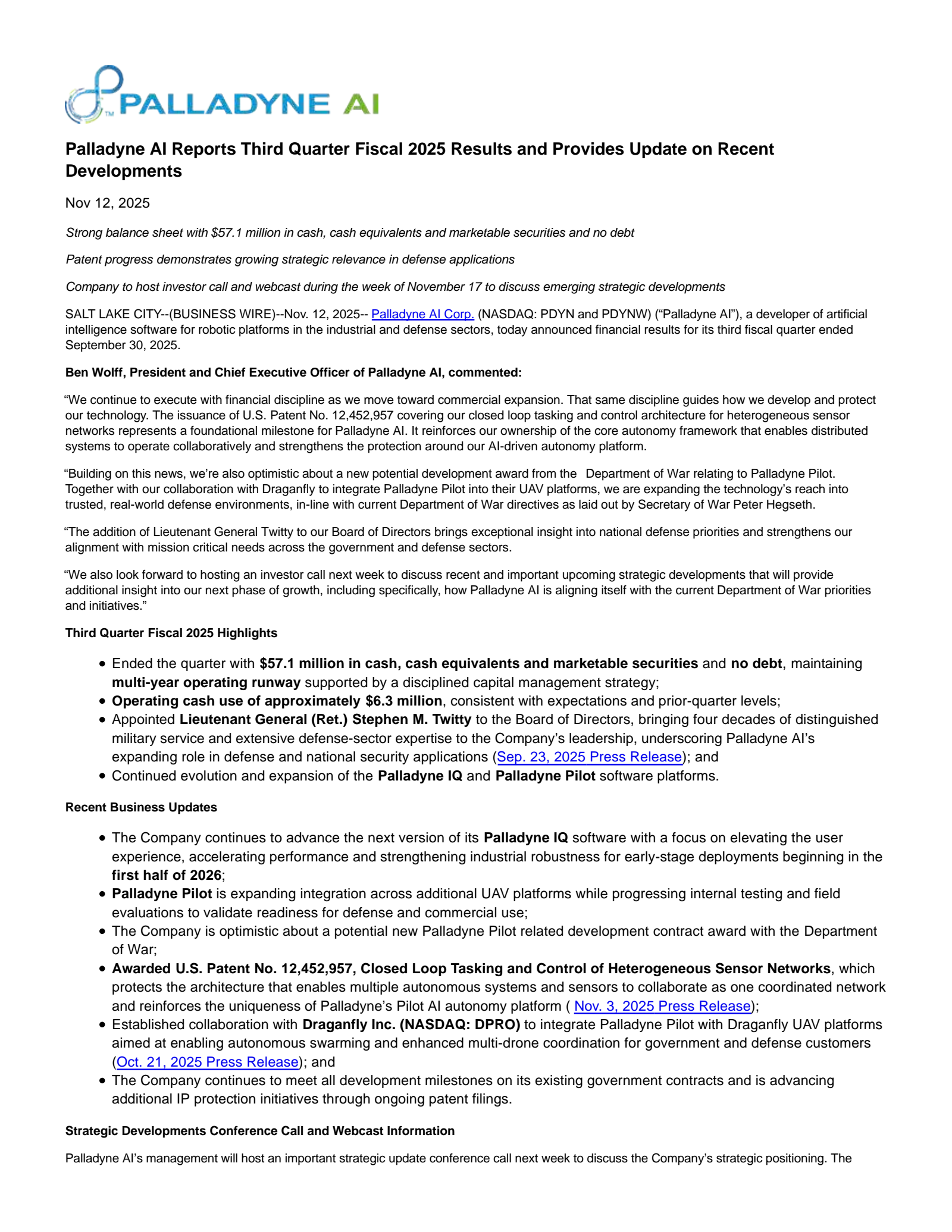 Palladyne AI's Q3 2025 Earnings Release