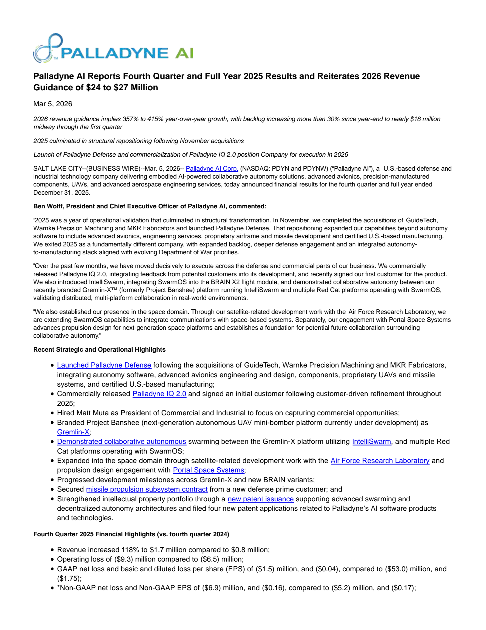 Palladyne AI's Q4 2025 Press Release