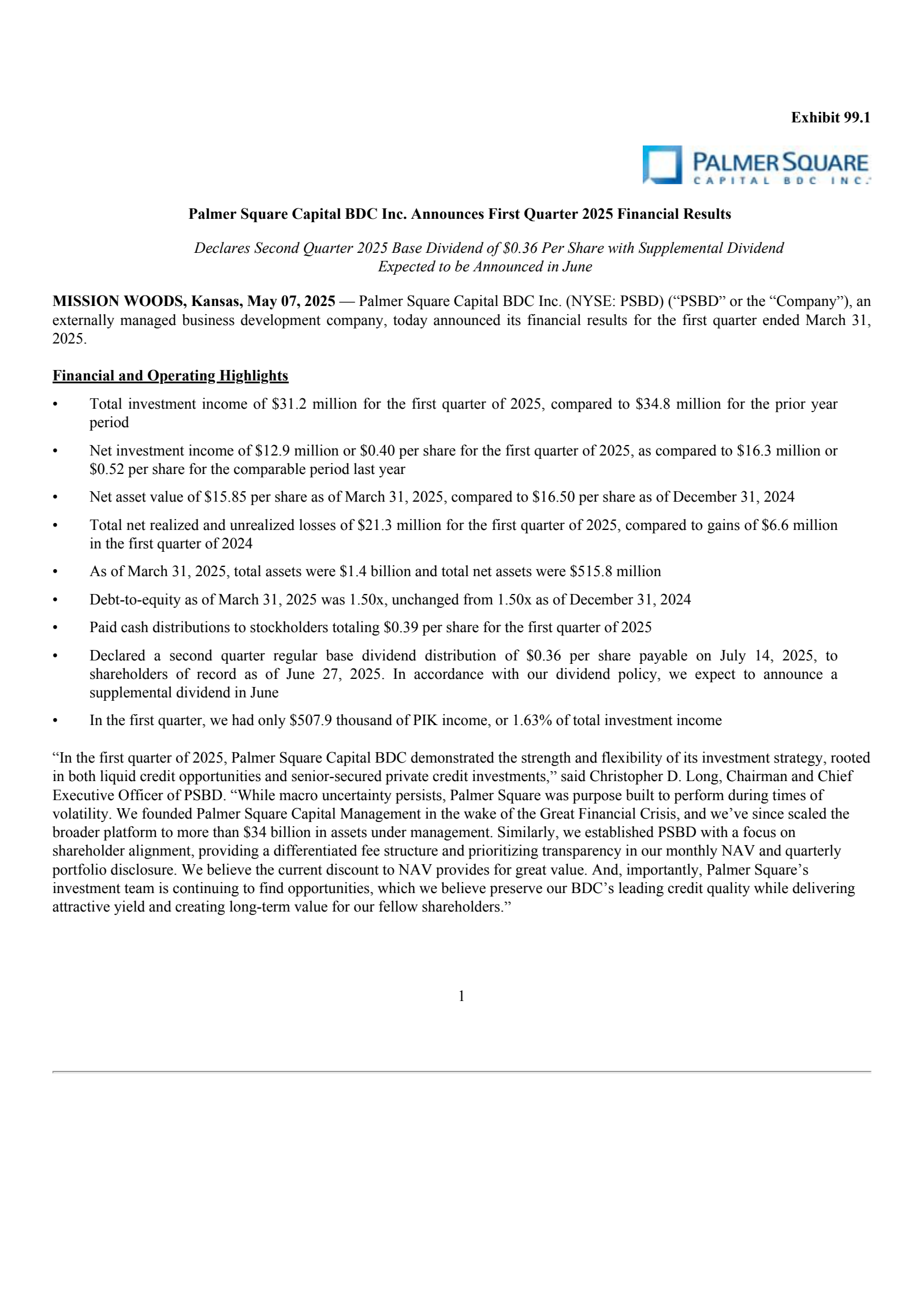 Palmer Square Capital BDC's Q1 2025 Press Release