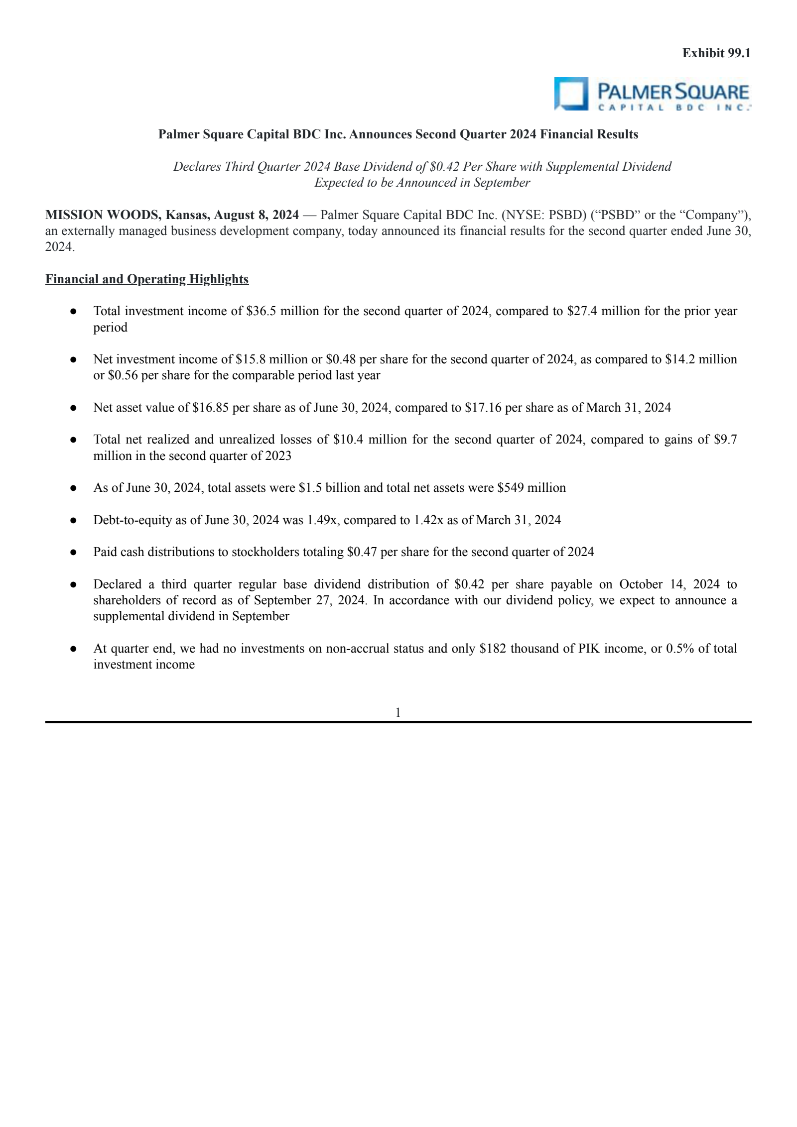 Palmer Square Capital BDC's Q2 2024 Press Release