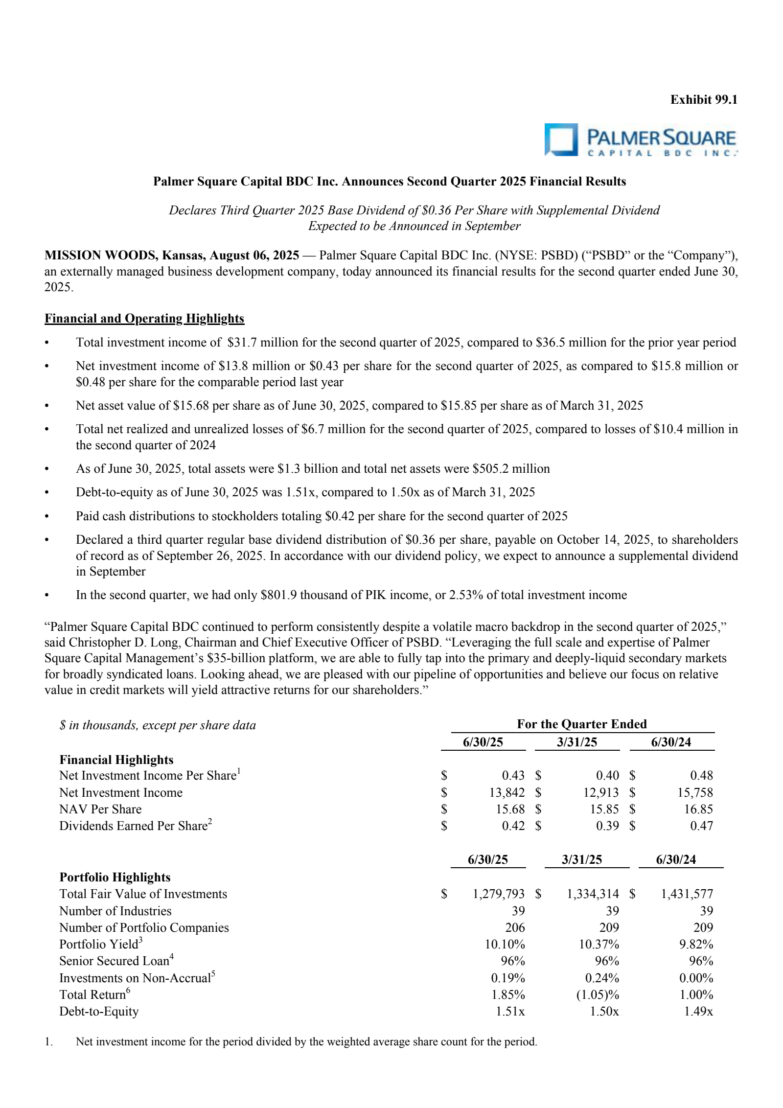 Palmer Square Capital BDC's Q2 2025 Press Release