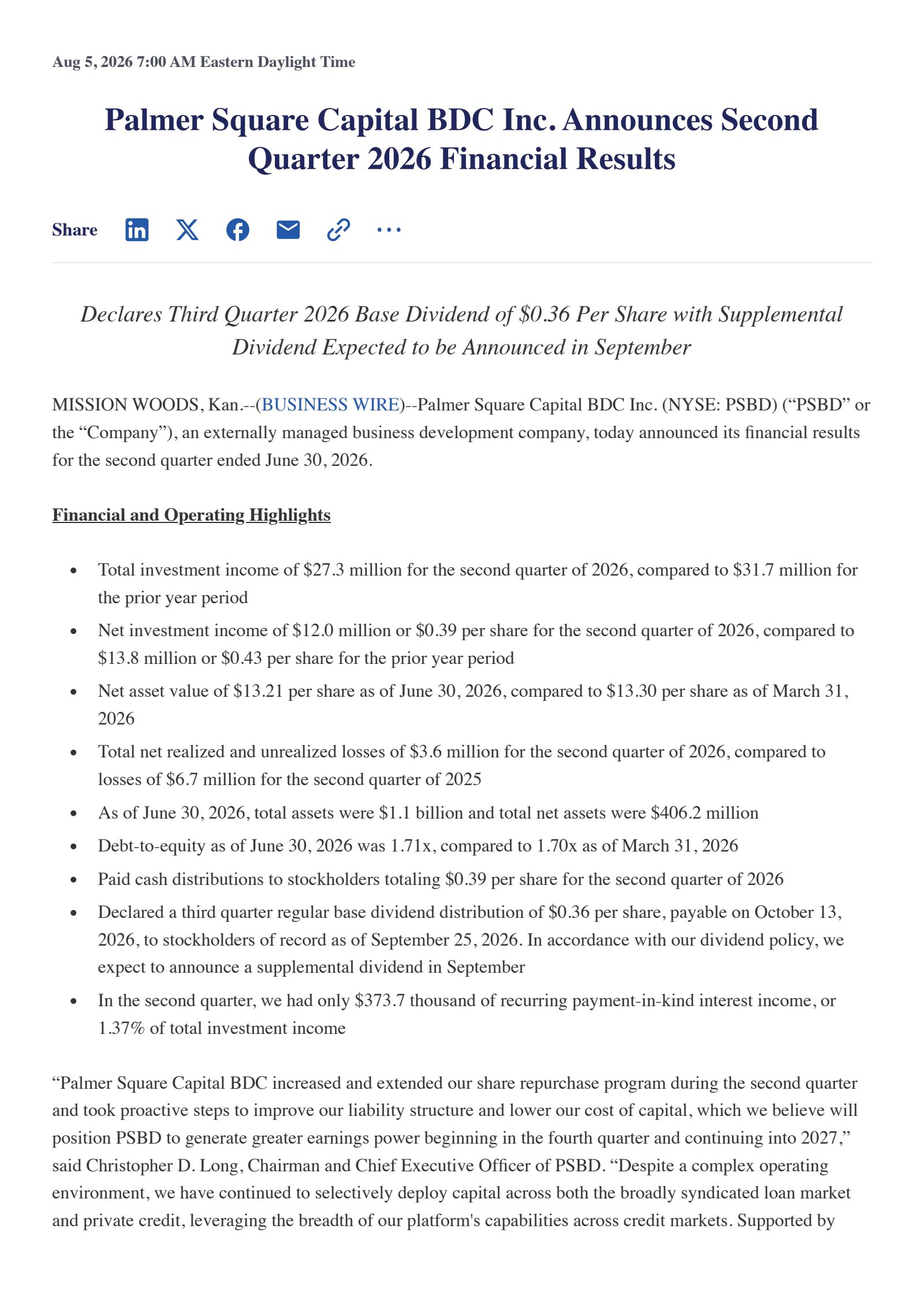 Palmer Square Capital BDC's Q2 2026 Press Release