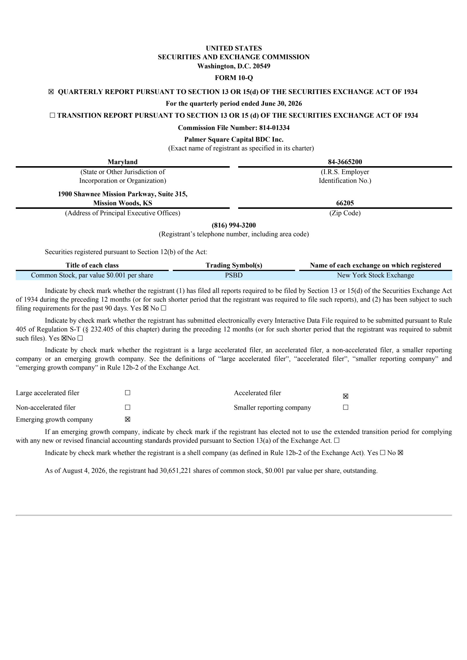 Palmer Square Capital BDC's Q2 2026 Quarterly report