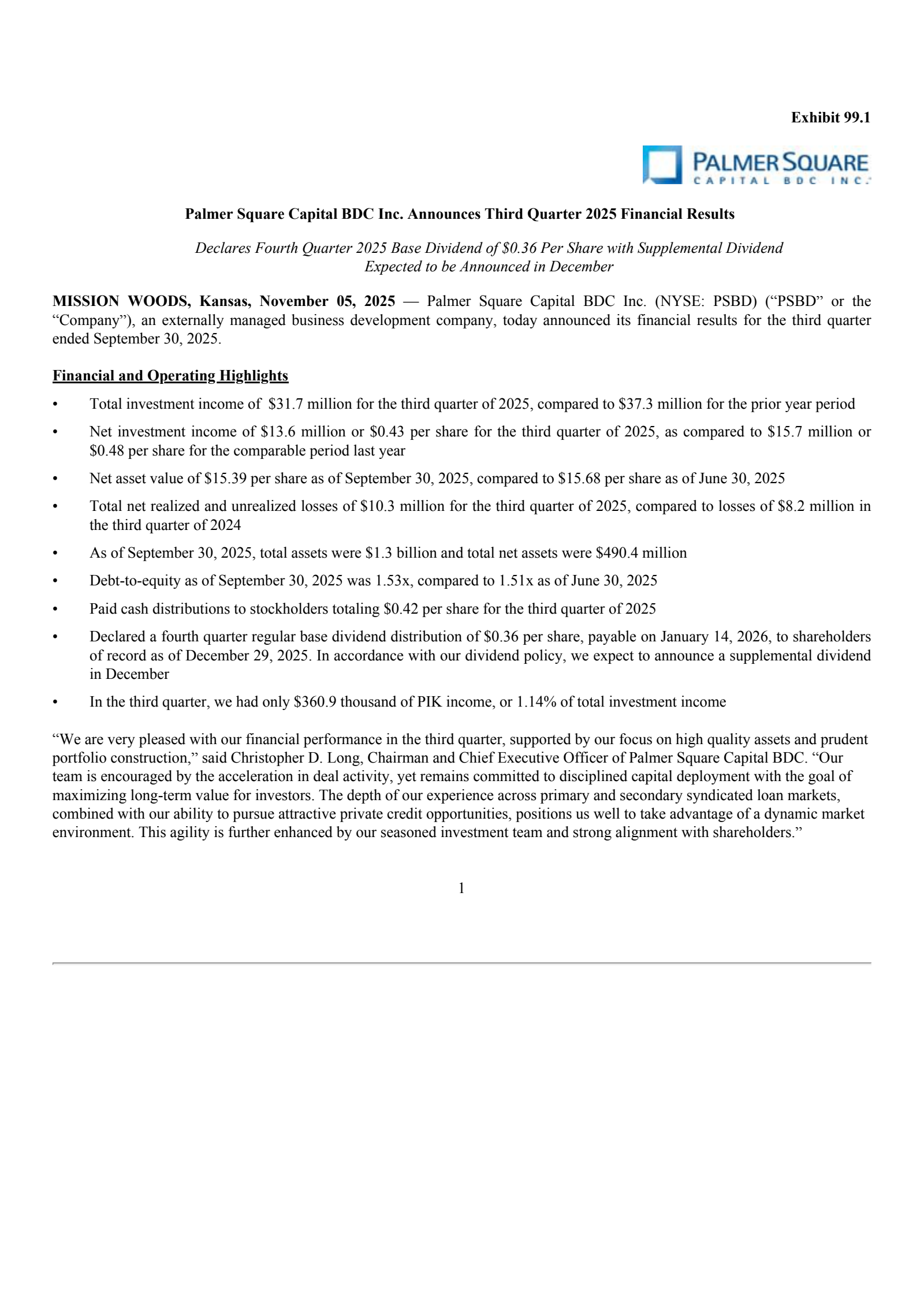 Palmer Square Capital BDC's Q3 2025 Press Release