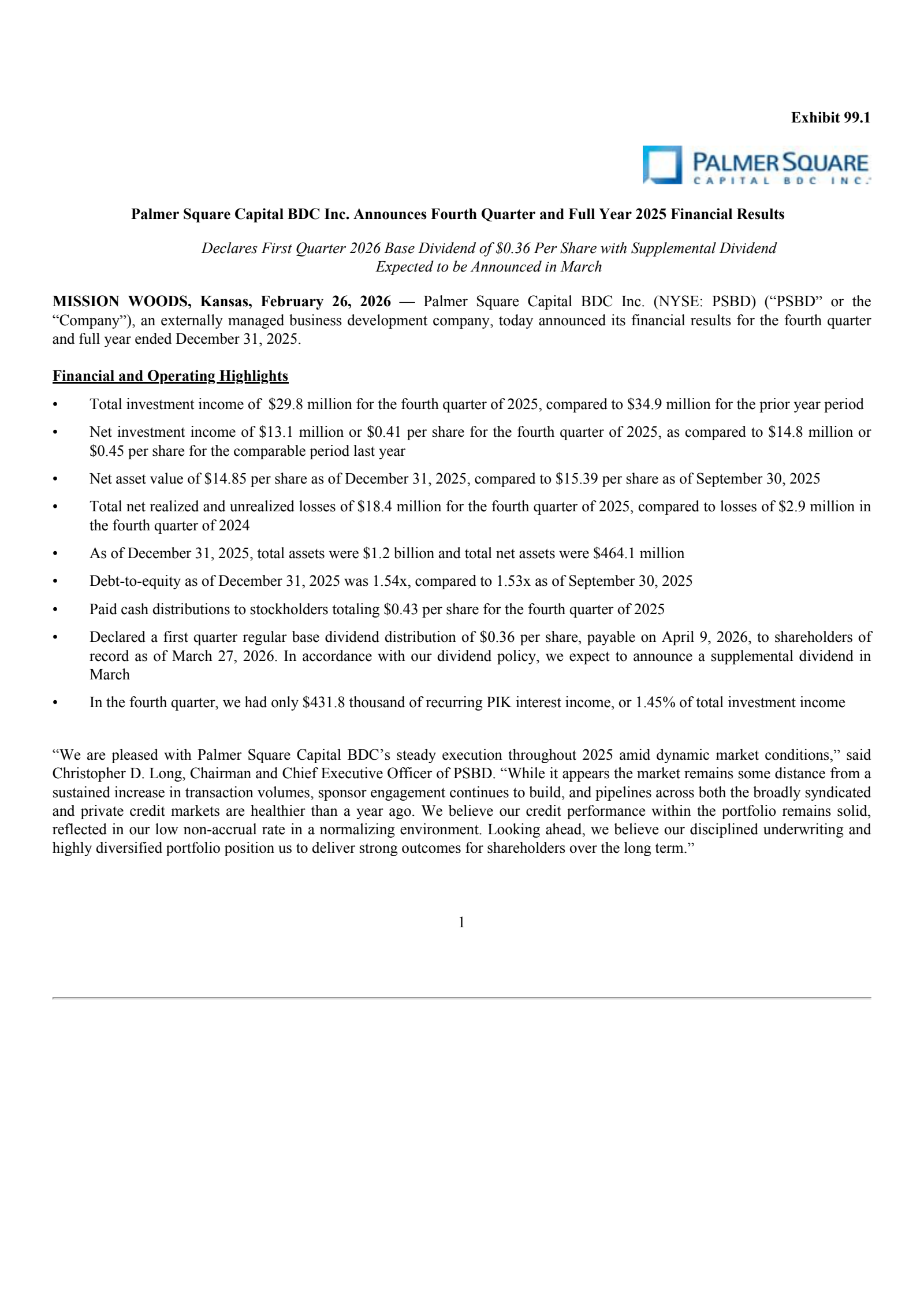 Palmer Square Capital BDC's Q4 2025 Press Release