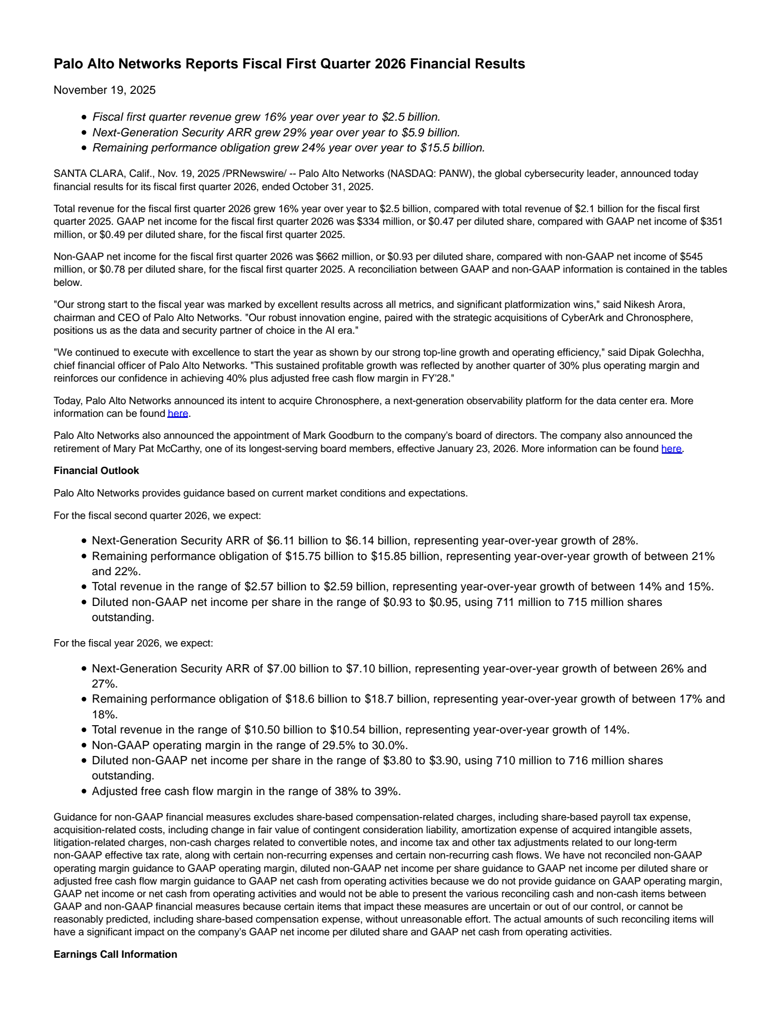 Palo Alto Networks' Q1 2026 Earnings Release
